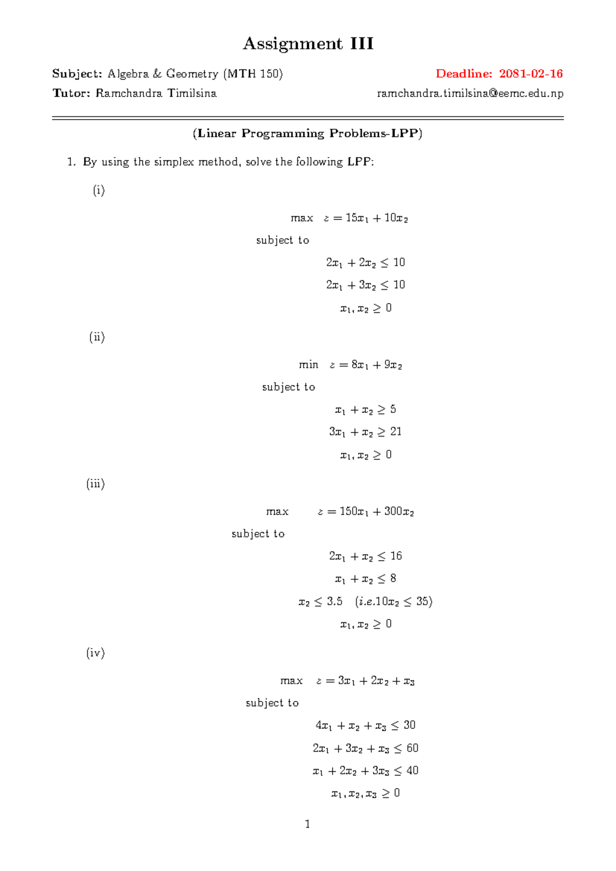 Assignment III - Tutorial on Linear Programming (MTH 150) - Studocu