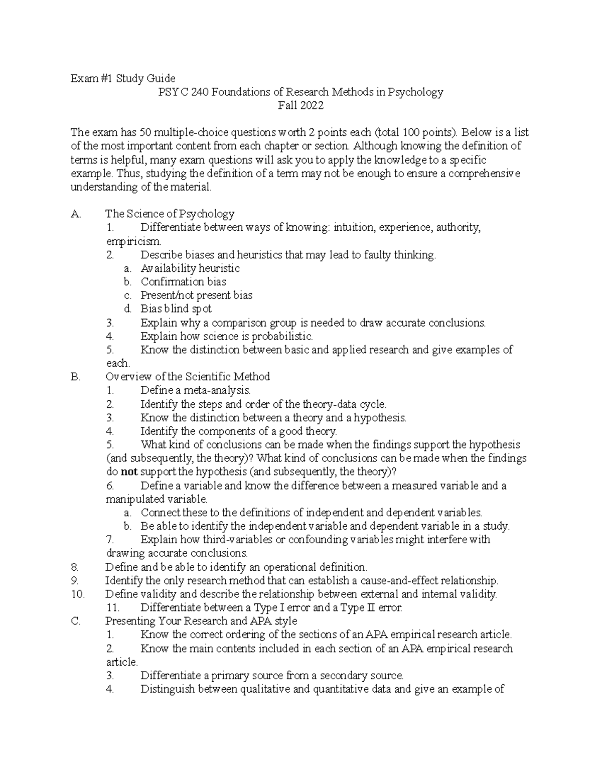 Exam 1 Study Guide - Exam #1 Study Guide PSYC 240 Foundations of ...