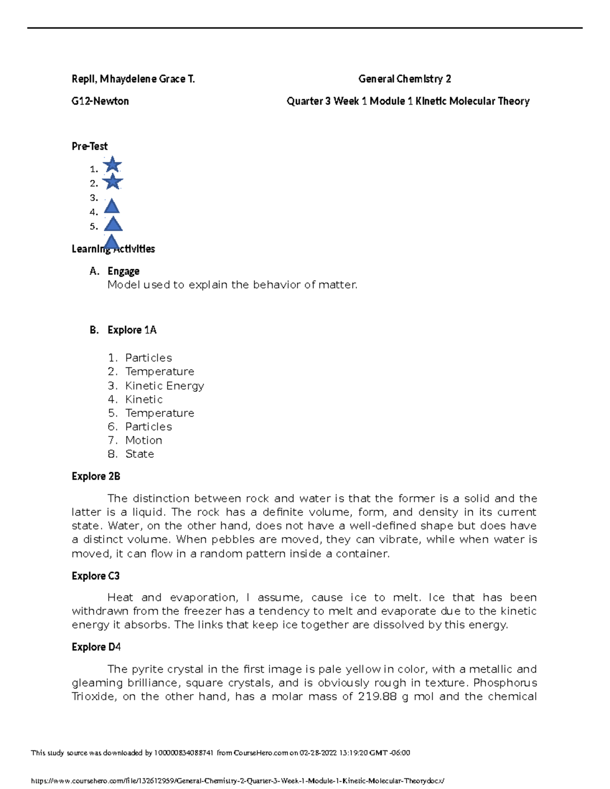 General Chemistry 2 Quarter 3 Week 1 Module 1 Kinetic Molecular Theory ...