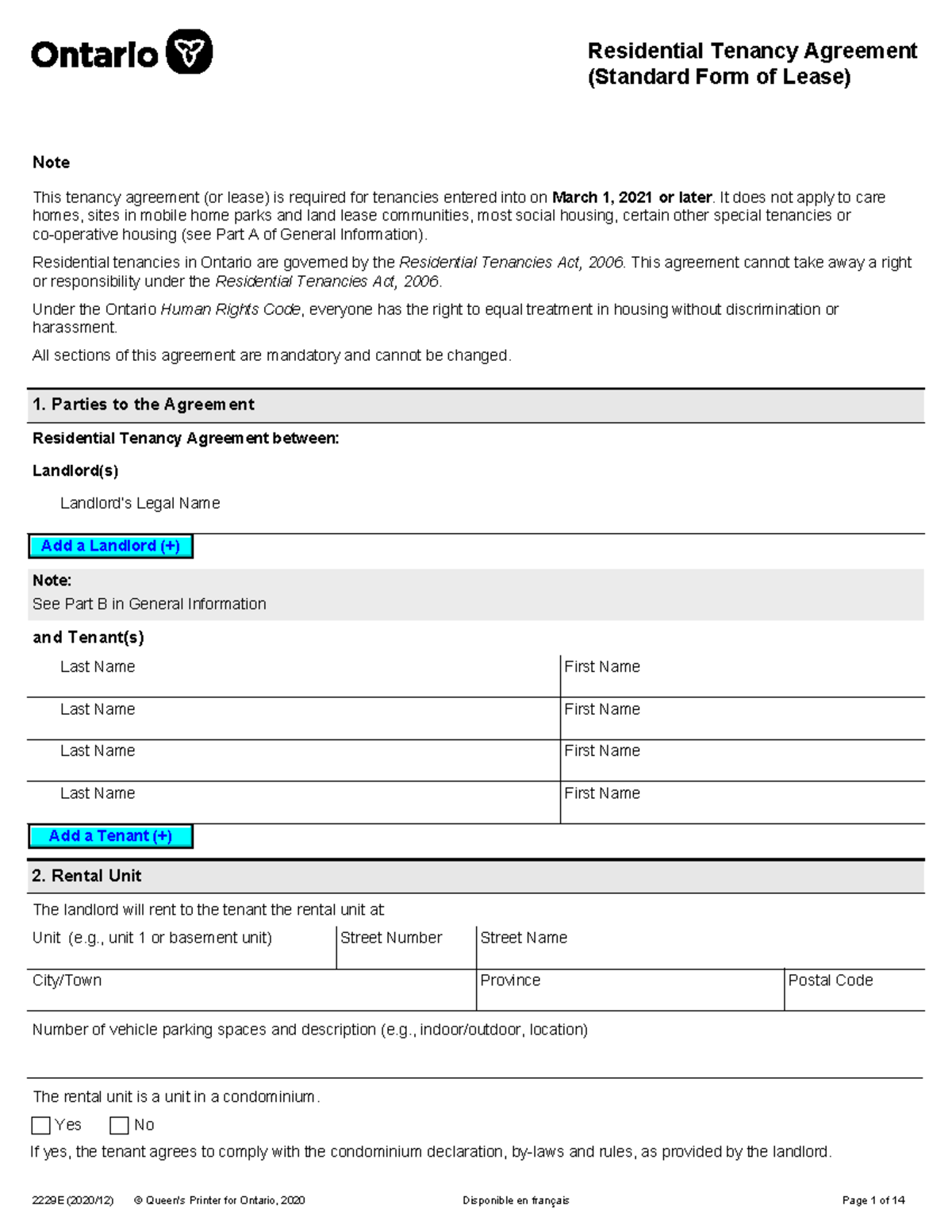 Residential Tenancy Agreement (Standard Lease Form) - Ontario 2021 ...