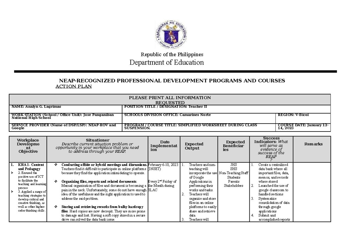 NEAP- Section N Action Plan for Teacher II Analyn Lagrimas - Studocu