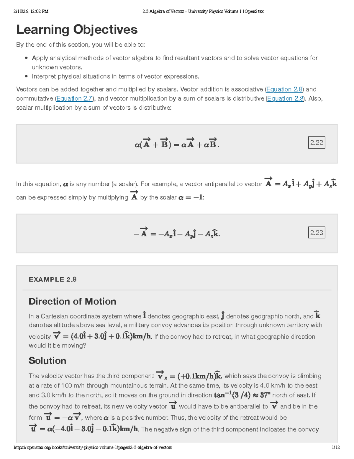 2.3 Algebra of Vectors - University Physics Volume 1 Study Notes - Studocu