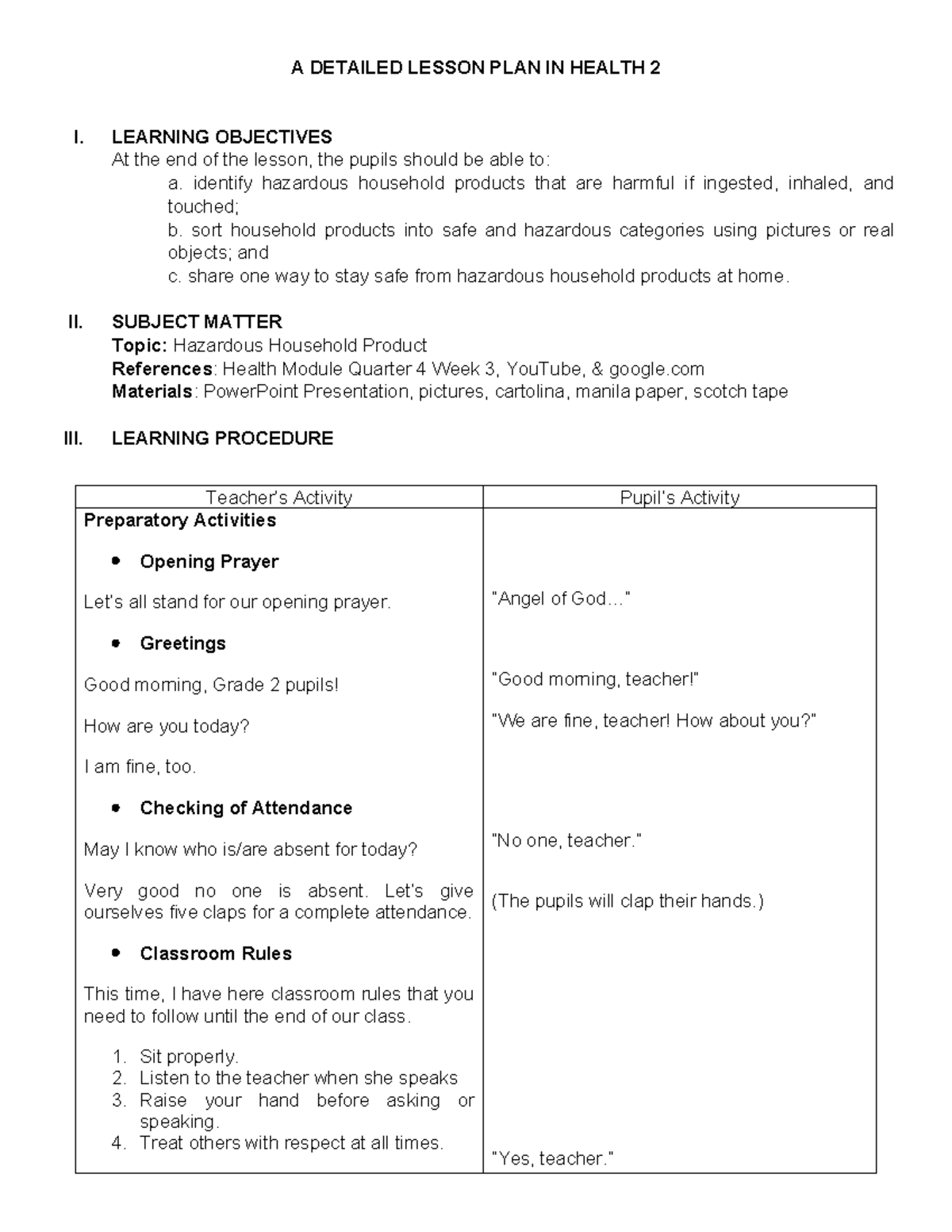 Health 2 - Lesson Plan on Hazardous Household Products - Studocu