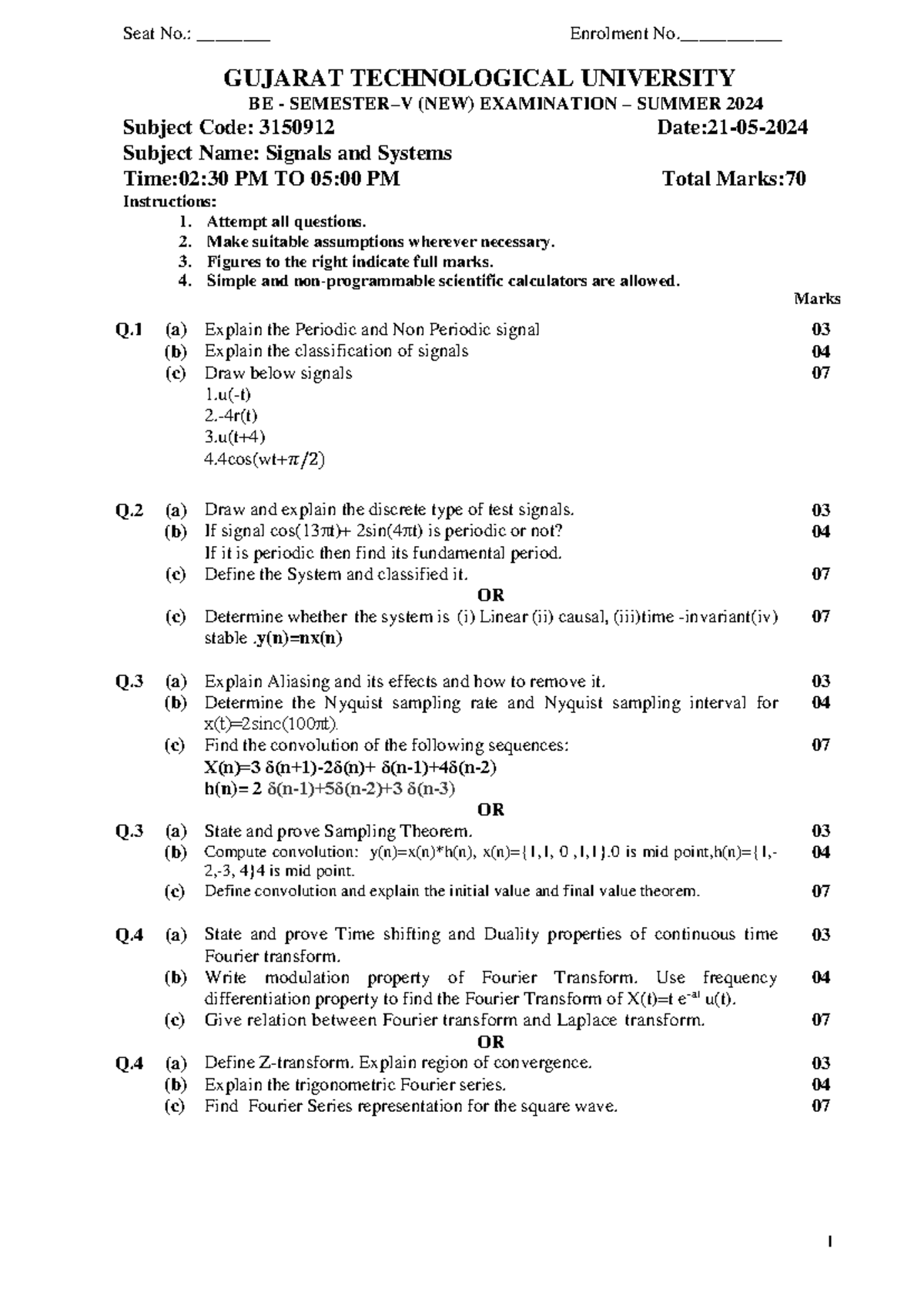 Signals and Systems Exam Paper - GTU 3150912 Summer 2024 - Studocu