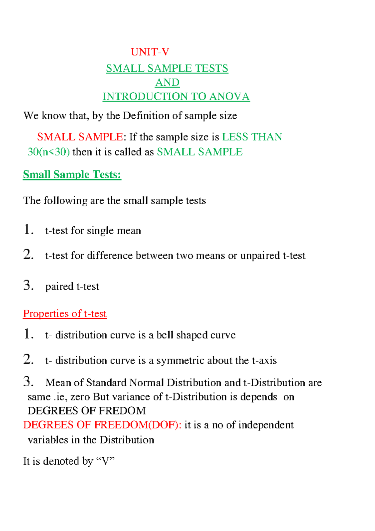P&S UNIT-V: Small Sample Tests & ANOVA Overview - Studocu