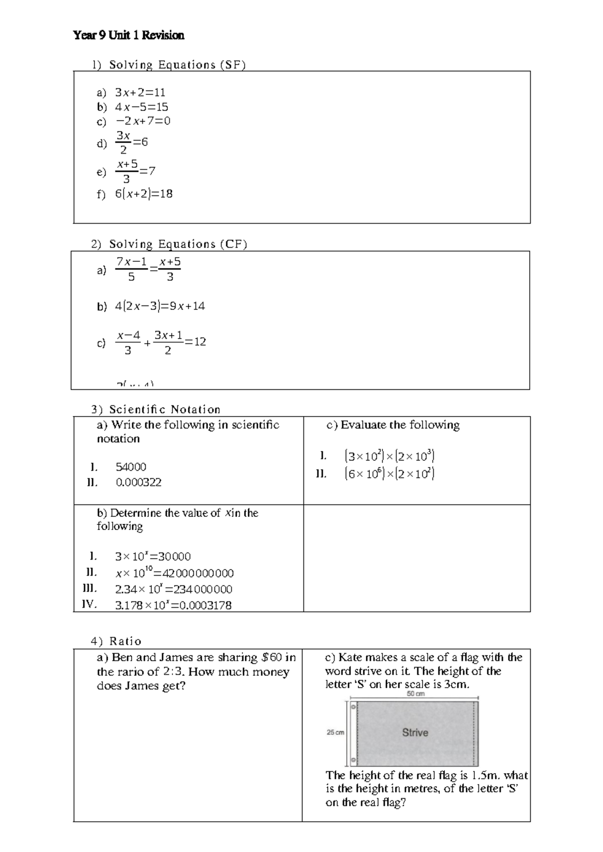 Year 9 Math Unit 1 Revision: Solving Equations and Ratios - Year 9 Unit ...