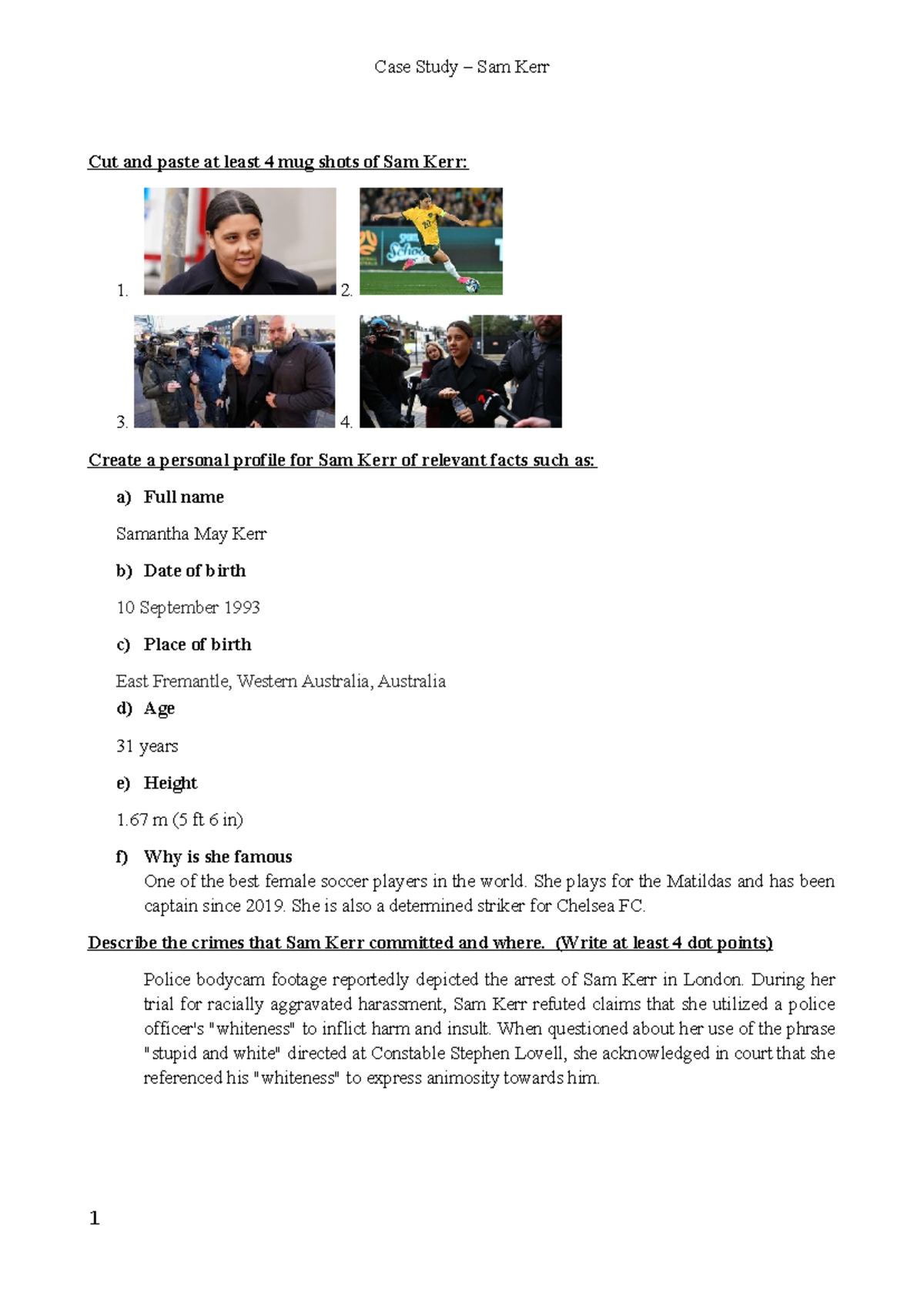 Case Study: Sam Kerr - Profile and Controversies - Studocu