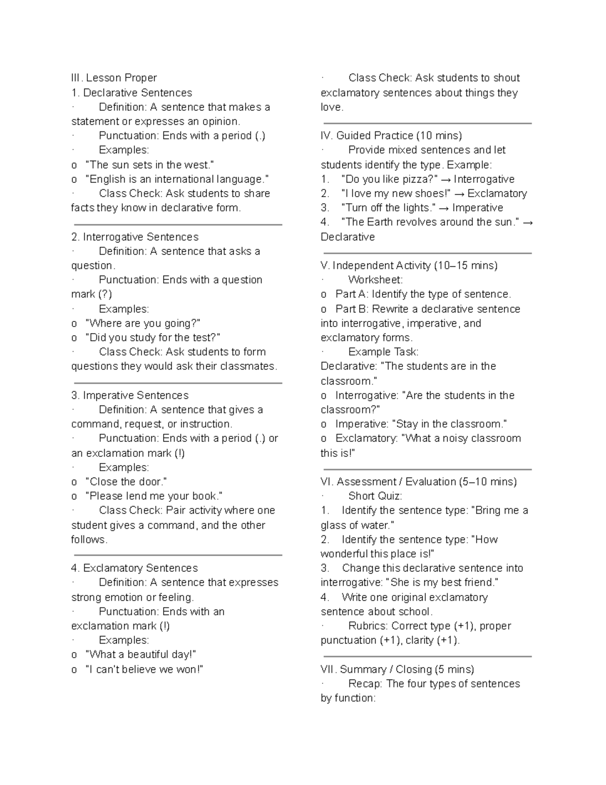 Lesson on Sentence Types by Function: Declarative, Interrogative ...