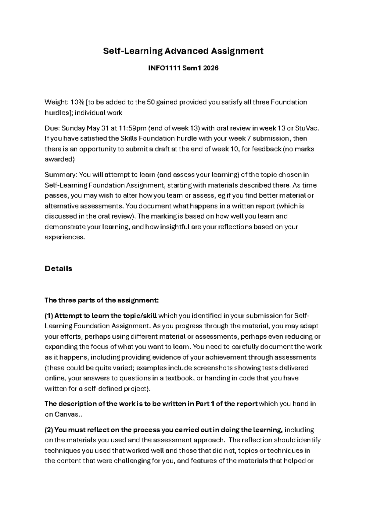 Info1111 Advanced Self-Learning Assignment Sem1 2026 - Studocu