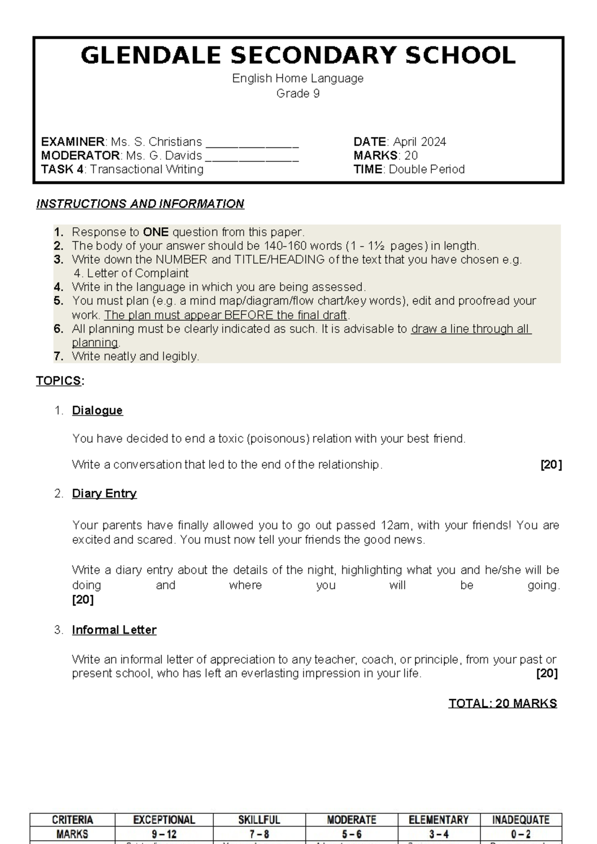 GLENDALE SECONDARY SCHOOL English Home Language Grade 9 Task 4 ...