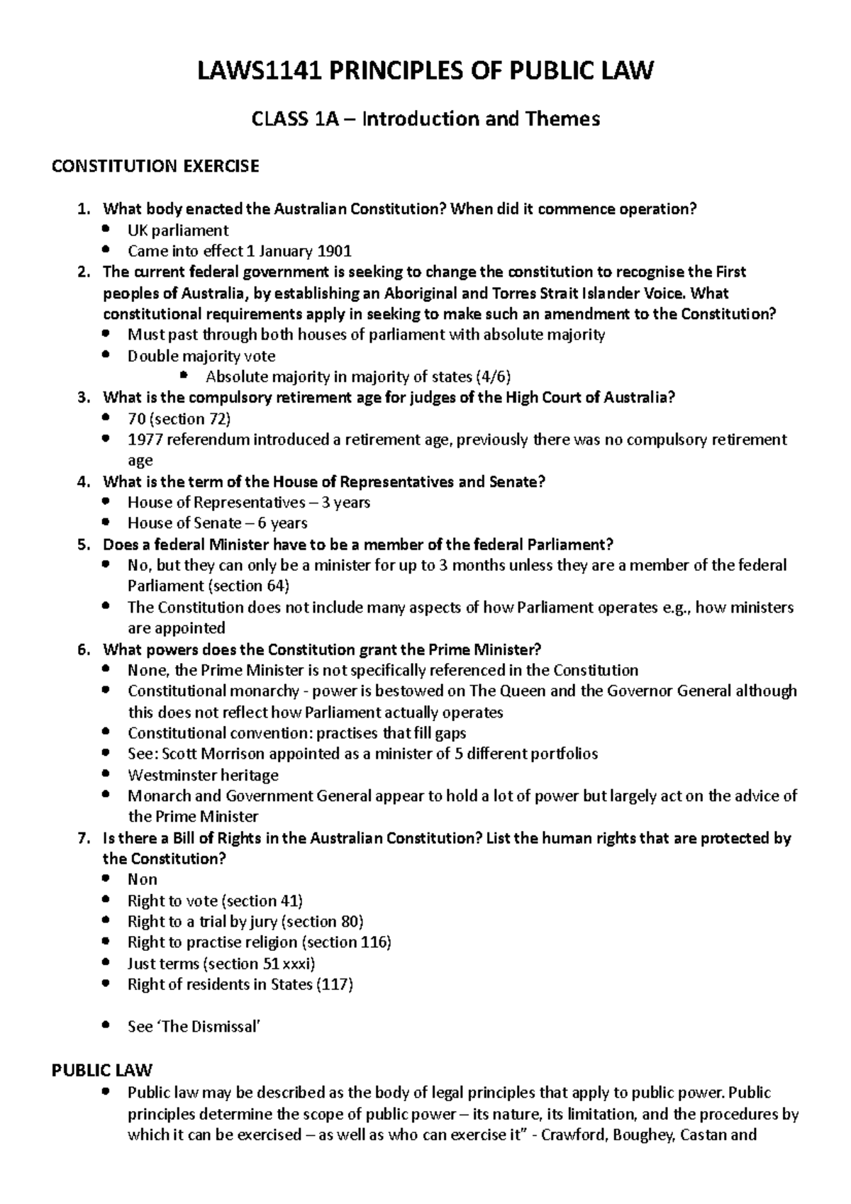 LAWS1141 Class Notes: Principles of Public Law and Constitutionalism ...