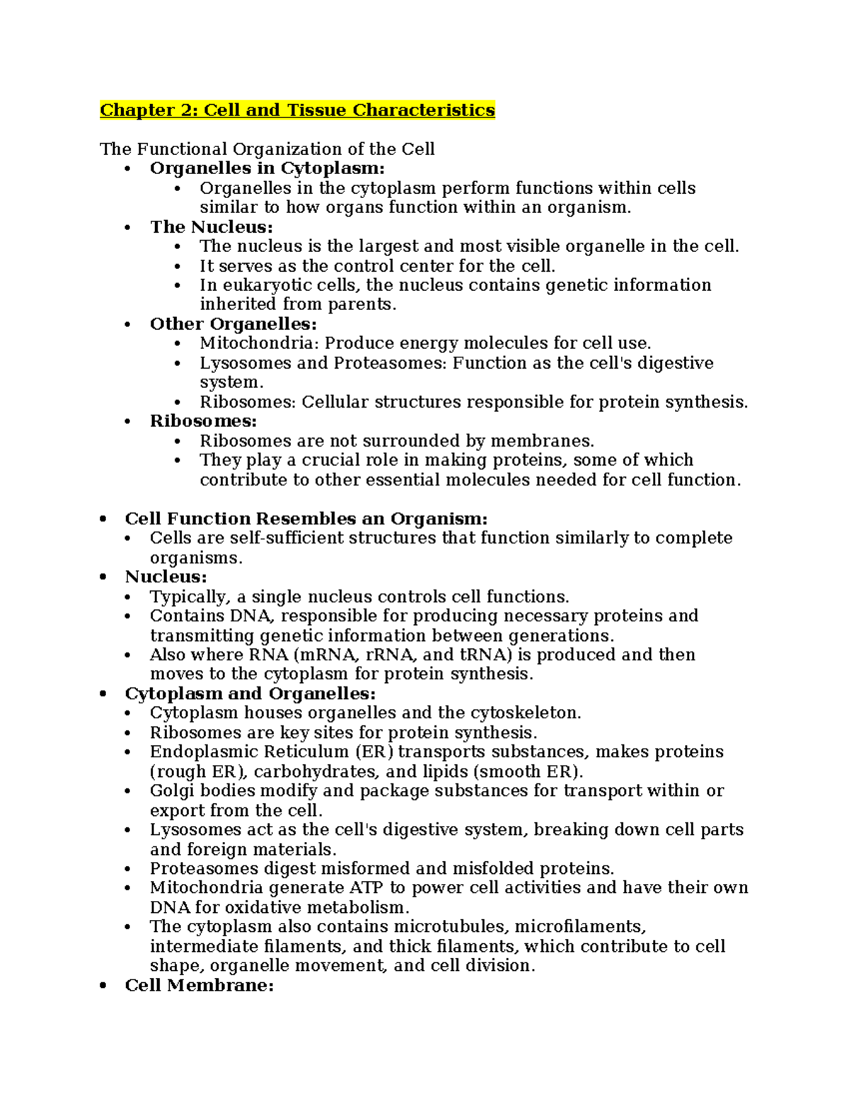 Chapter Notes 2 Cell and Tissue Characteristics - Chapter 2: Cell and ...