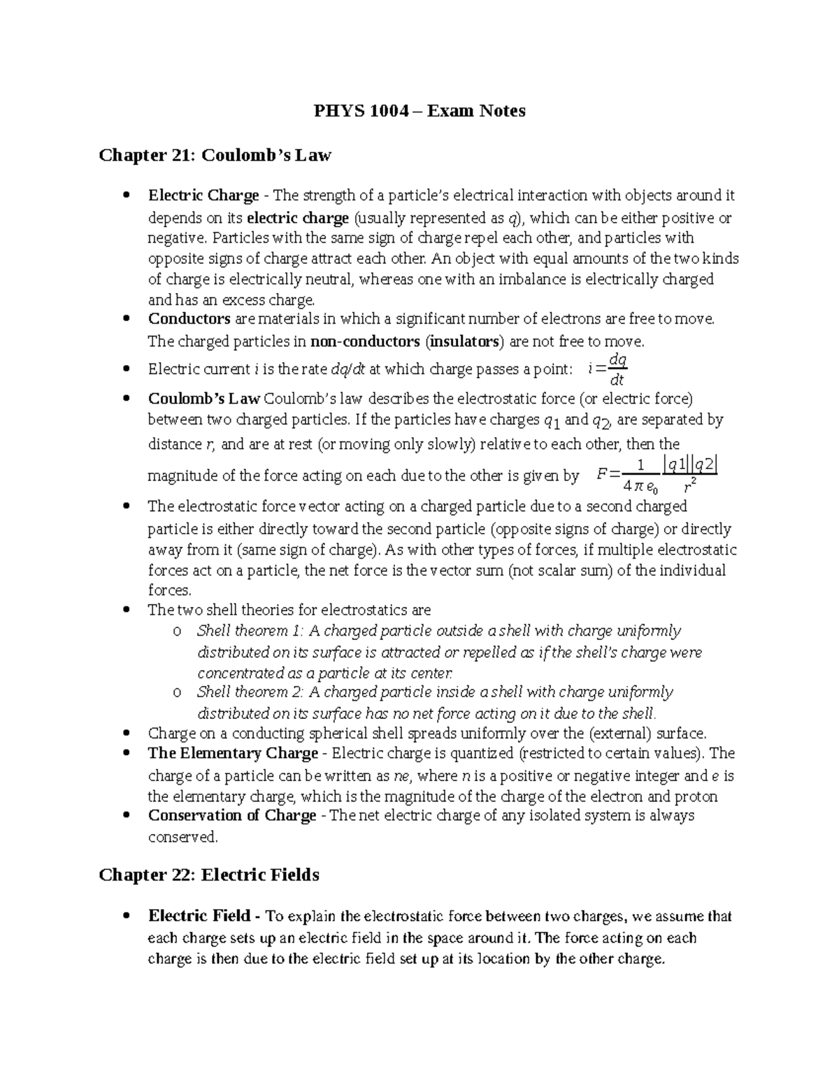 PHYS 1004 – Final Exam Notes on Electric Charge & Fields - Studocu