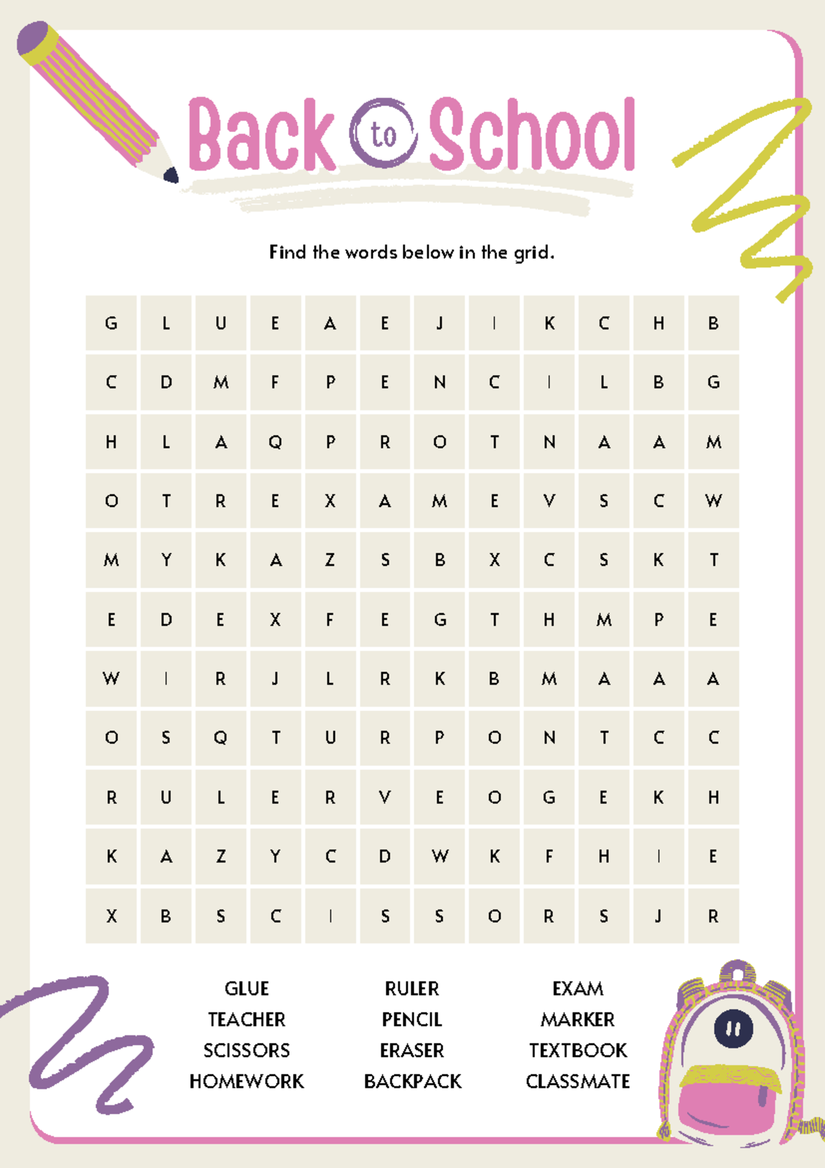 Back to school - WORD SEARCH - BackBack SchoolSchool G L U E A E J I K ...