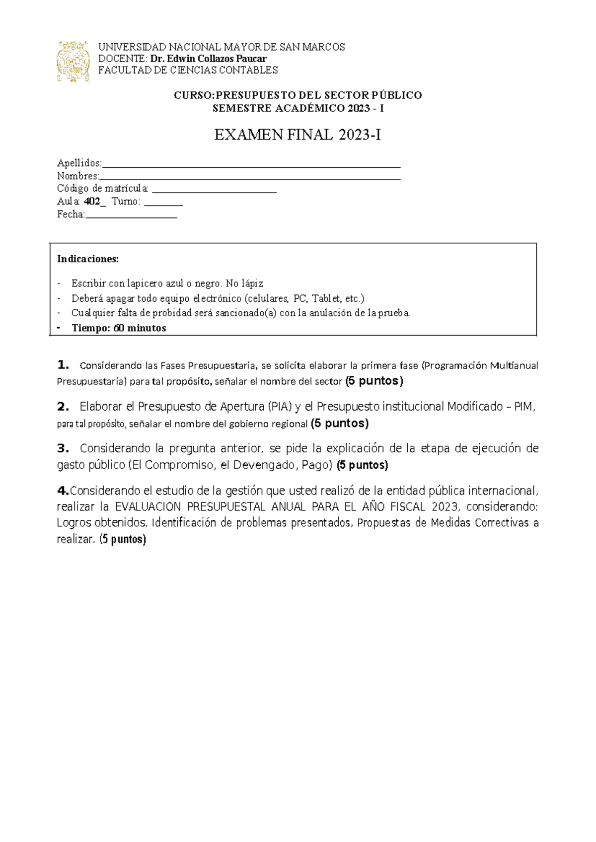 Examen Final de Presupuesto del Sector Público A402 - 2023-I - Document Preview