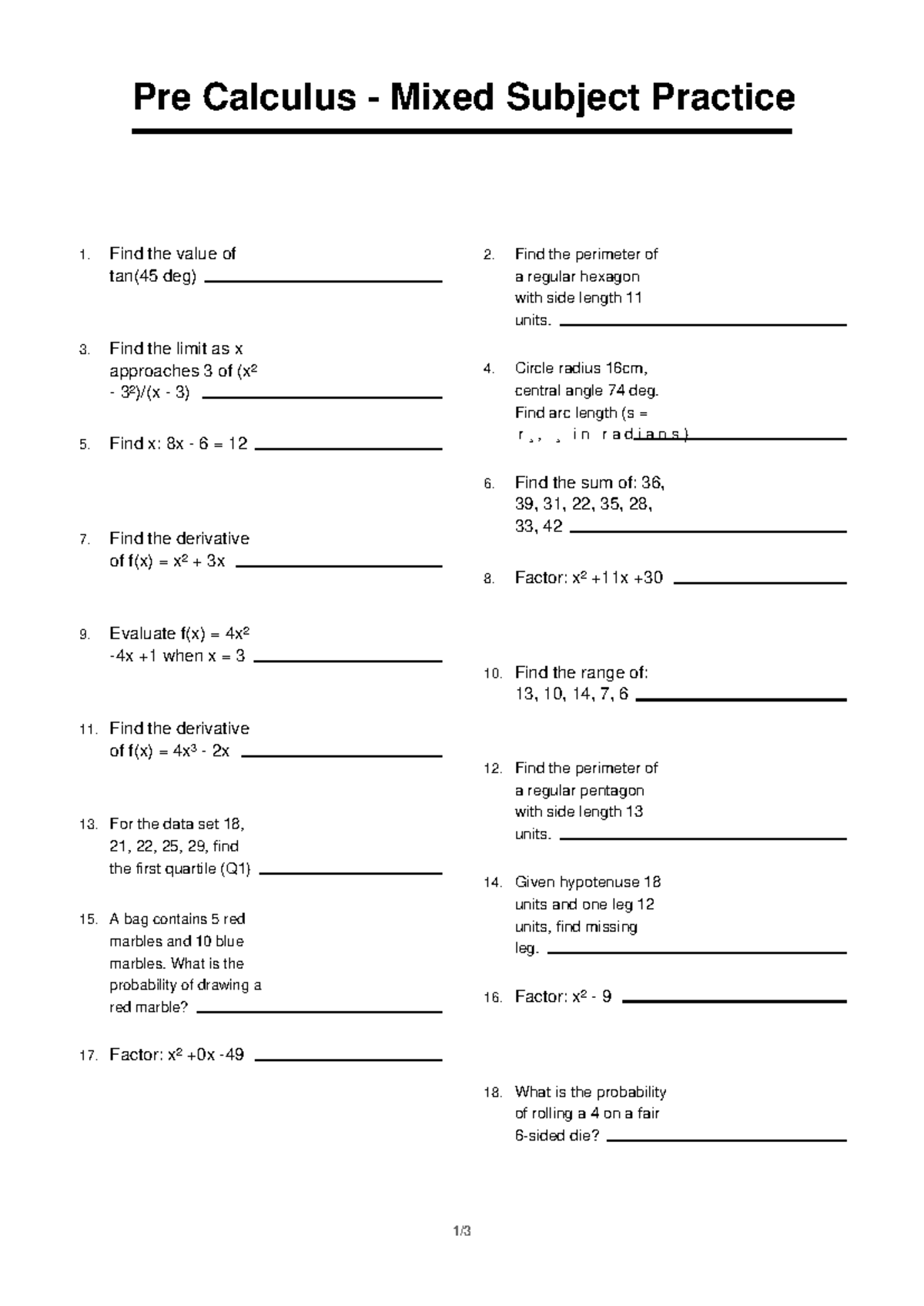 Pre Calculus - Mixed Subject Practice 6 - Studocu