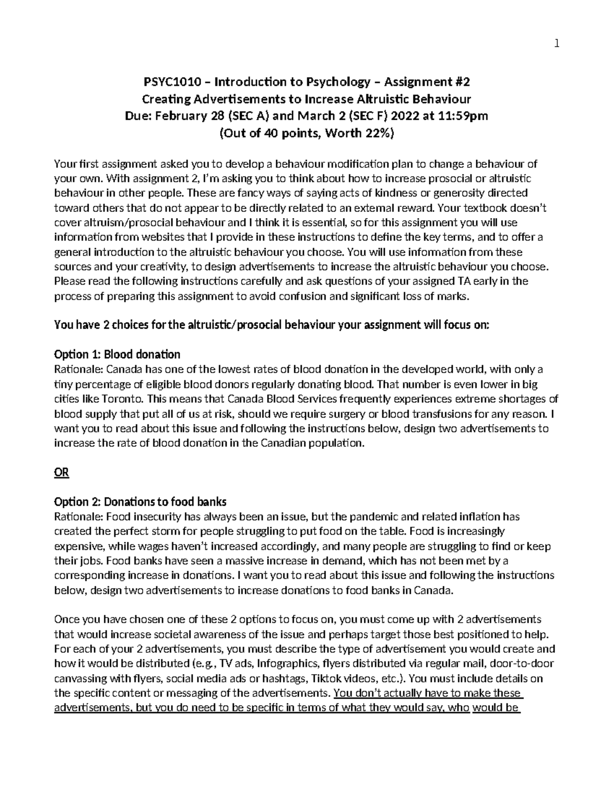 PSYC1010 FW2020 21 Assignment 2 - PSYC1010 – Introduction to Psychology ...