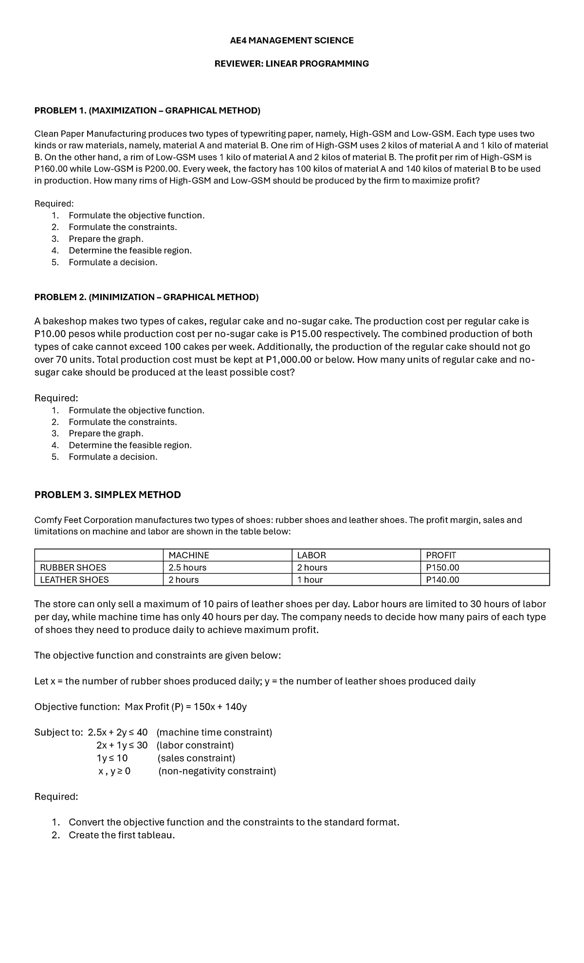 AE4 Reviewer LP - Graphical and Simplex Method - AE4 MANAGEMENT SCIENCE ...