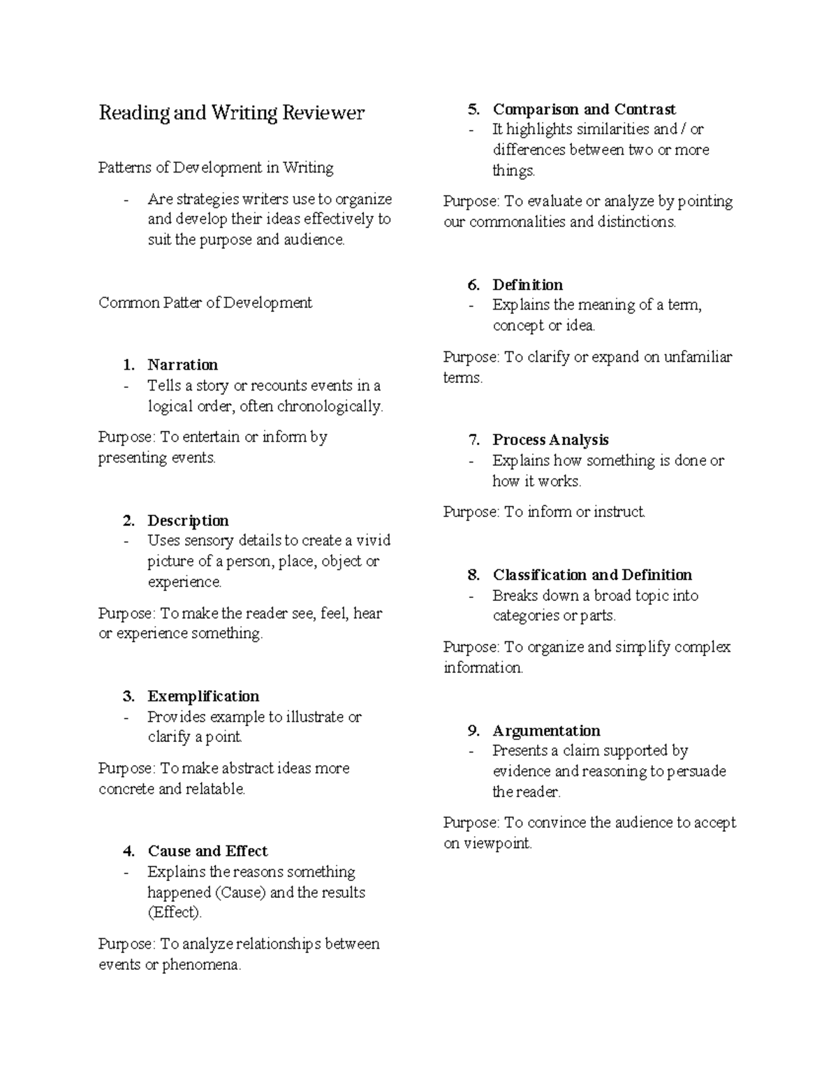 Reading and Writing Reviewer: Patterns of Development in Writing - Studocu