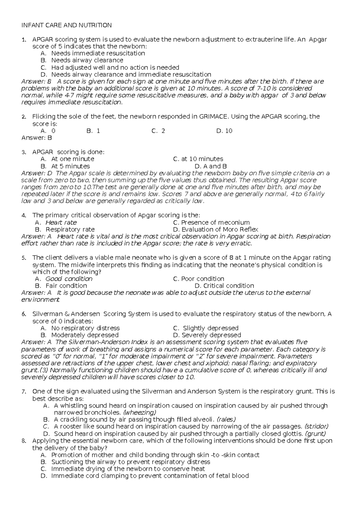 INFANT CARE AND NUTRITION 2: APGAR Scoring and Newborn Assessment - Studocu
