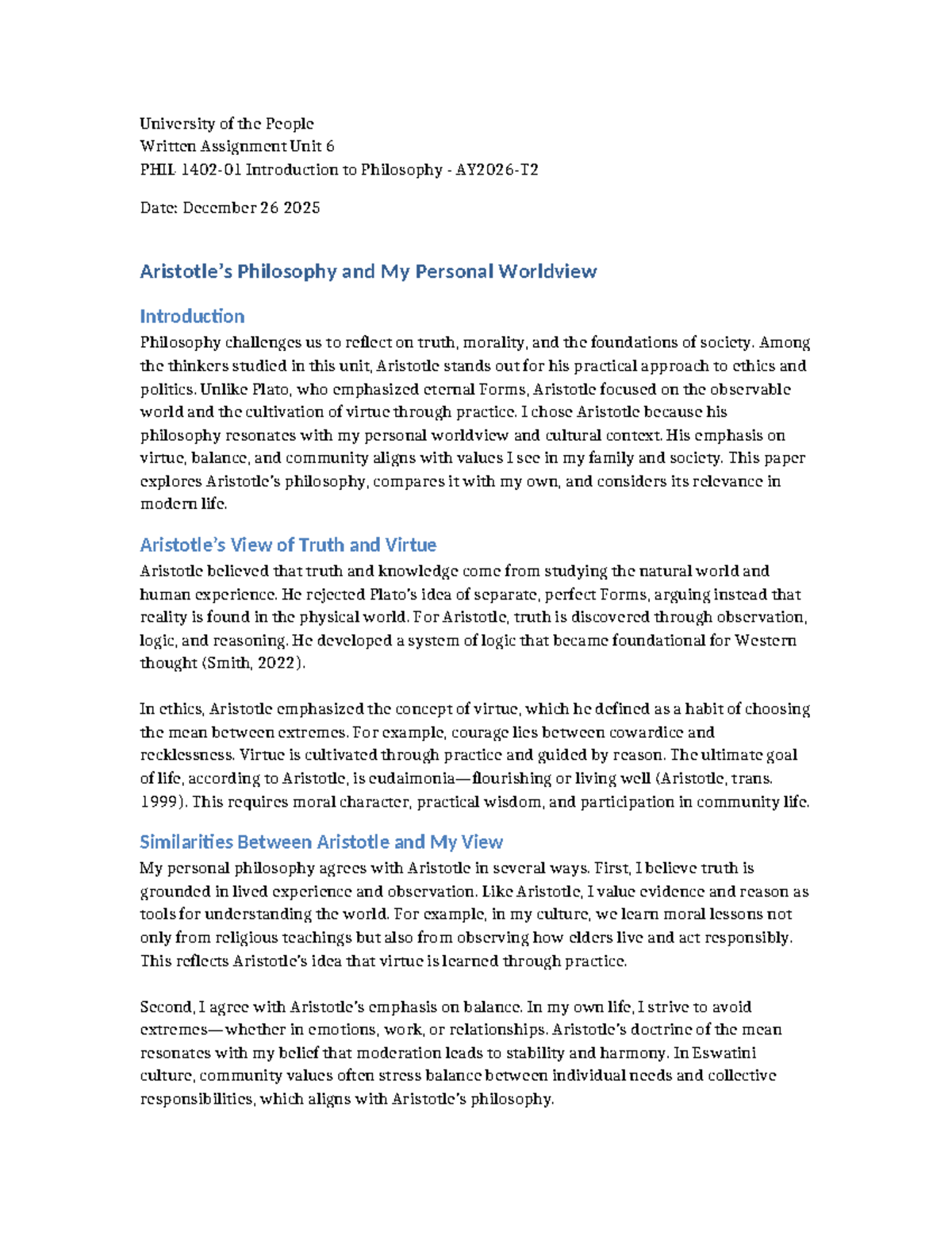 PHIL 101 Written Assignment: Aristotle's Philosophy & My Worldview ...