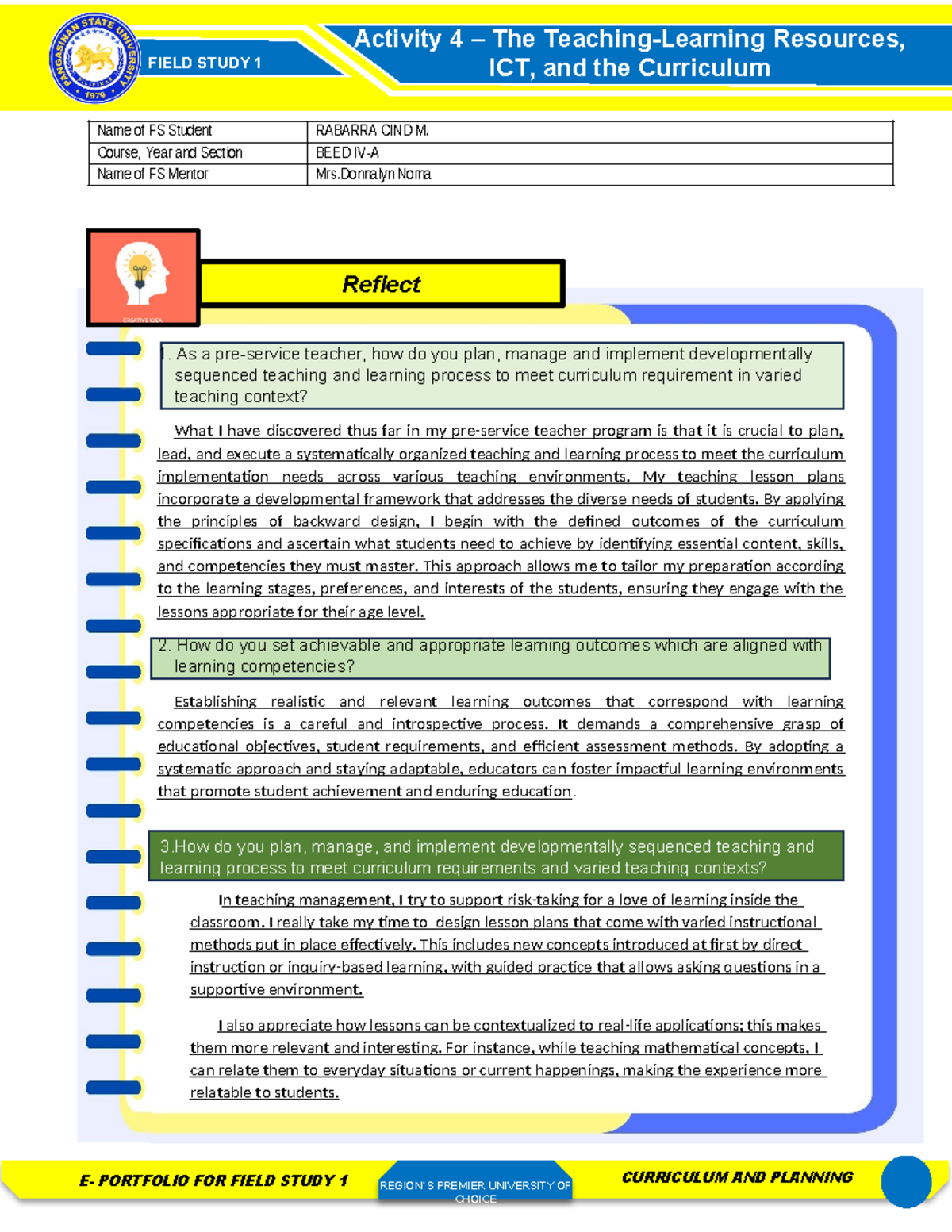 Reflection FS1Act - N/A - FIELD STUDY 1 E- PORTFOLIO FOR FIELD STUDY 1 ...
