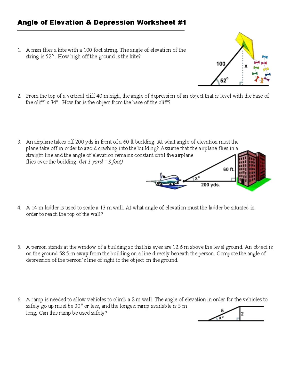 Angle of Elevation & Depression Worksheet - Activity Sheet - Studocu