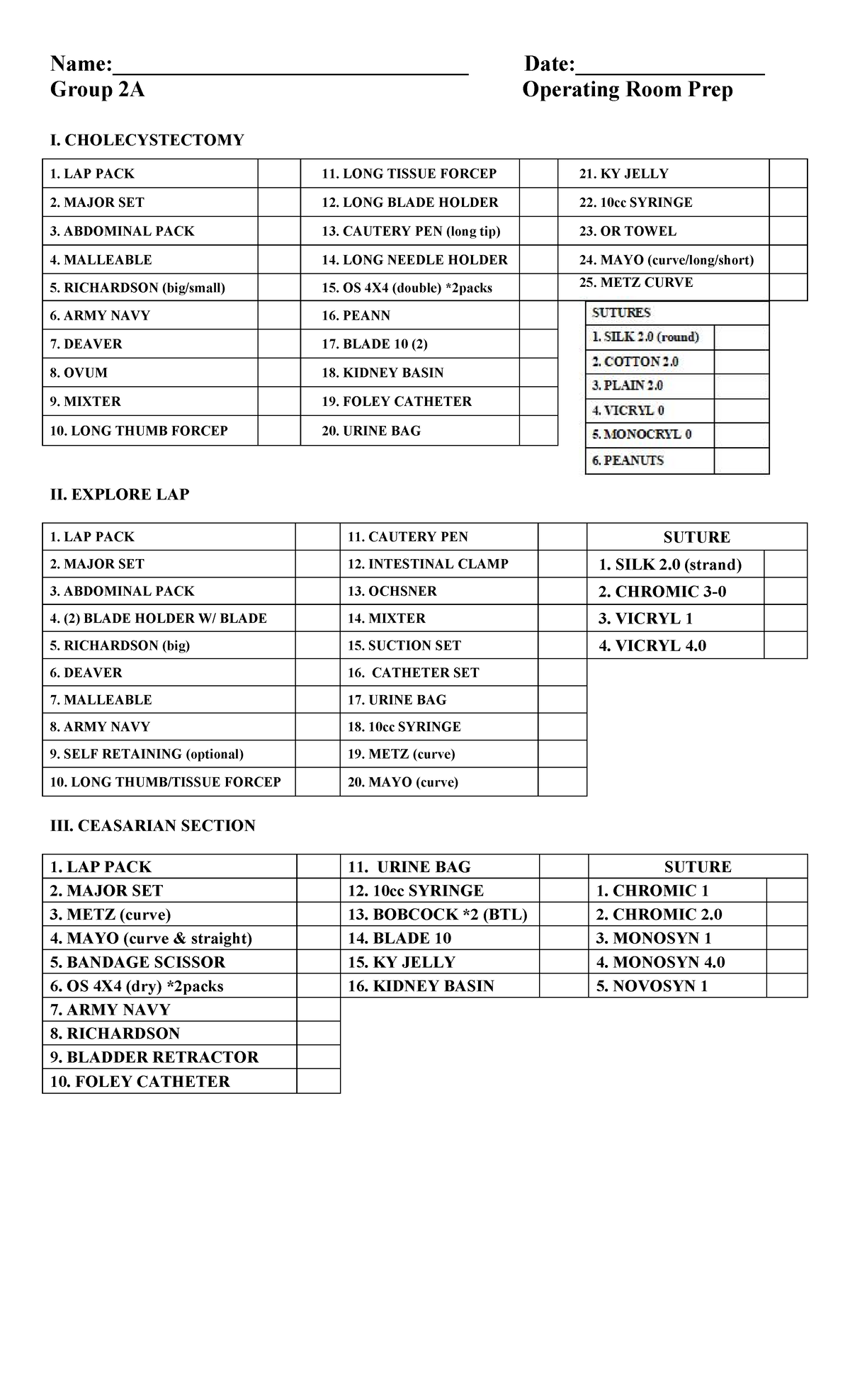 Group 2A OR Prep Checklist for Cholecystectomy & C-Section - Studocu