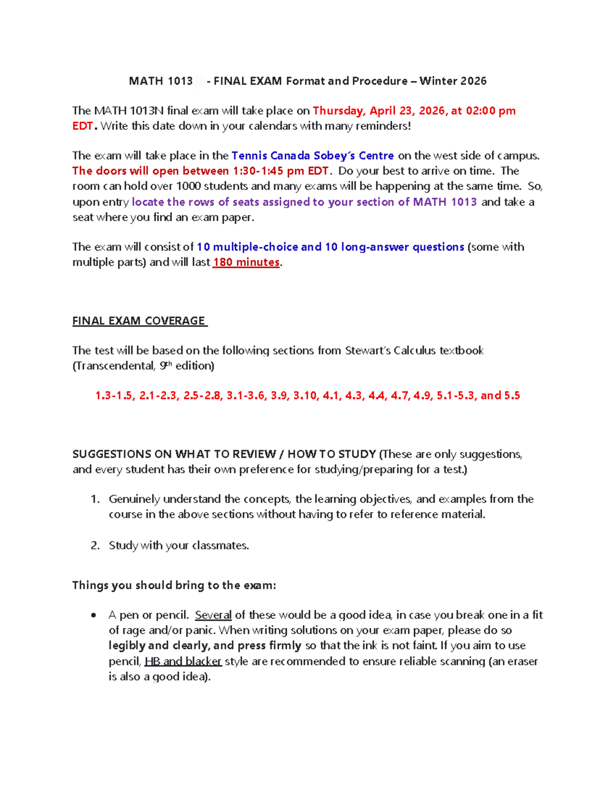 MATH 1013N FINAL EXAM Guidelines and Coverage Winter 2026 - Studocu