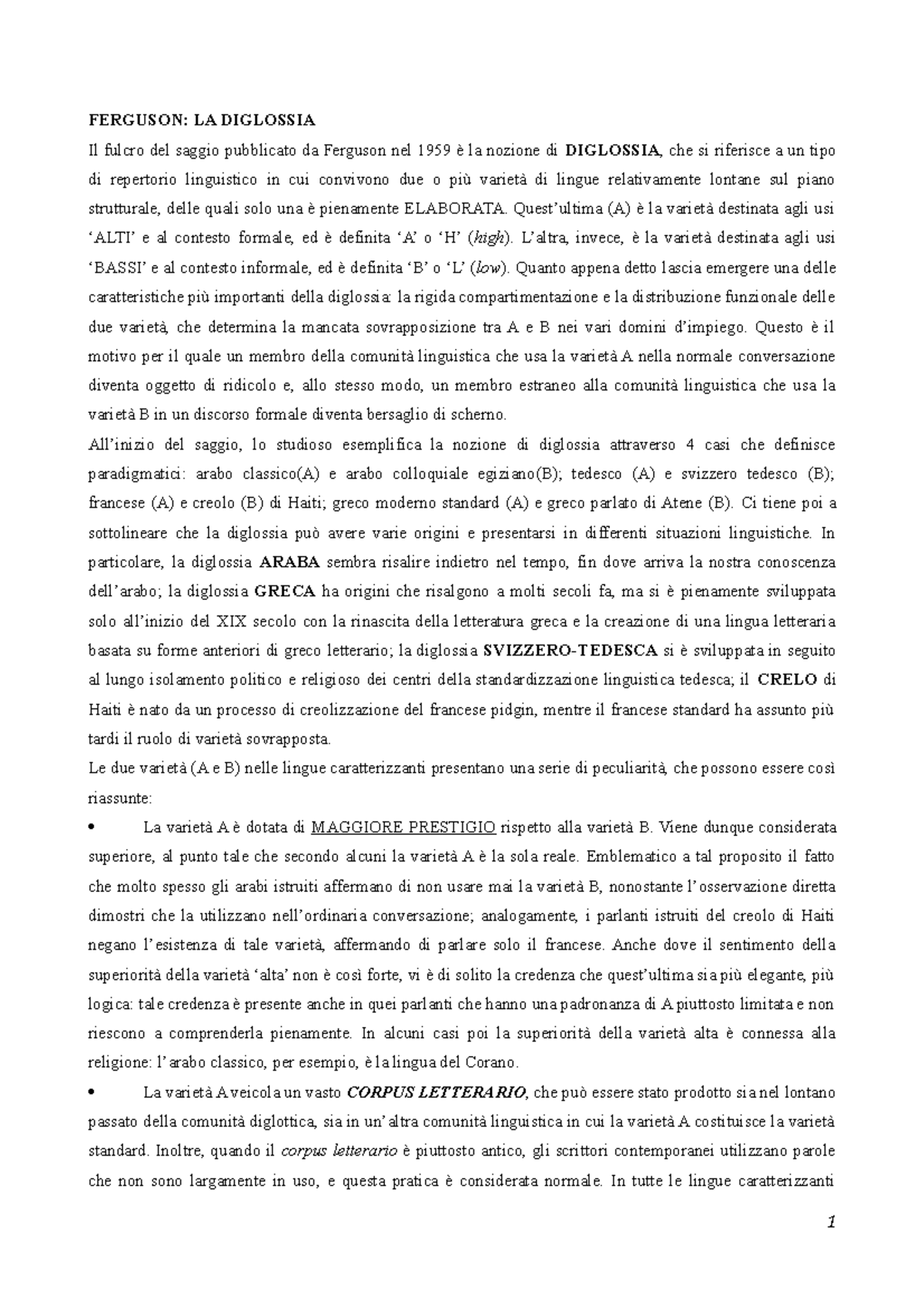 Ferguson (saggio) - Analisi della Diglossia Linguistica nel 1959 - Studocu