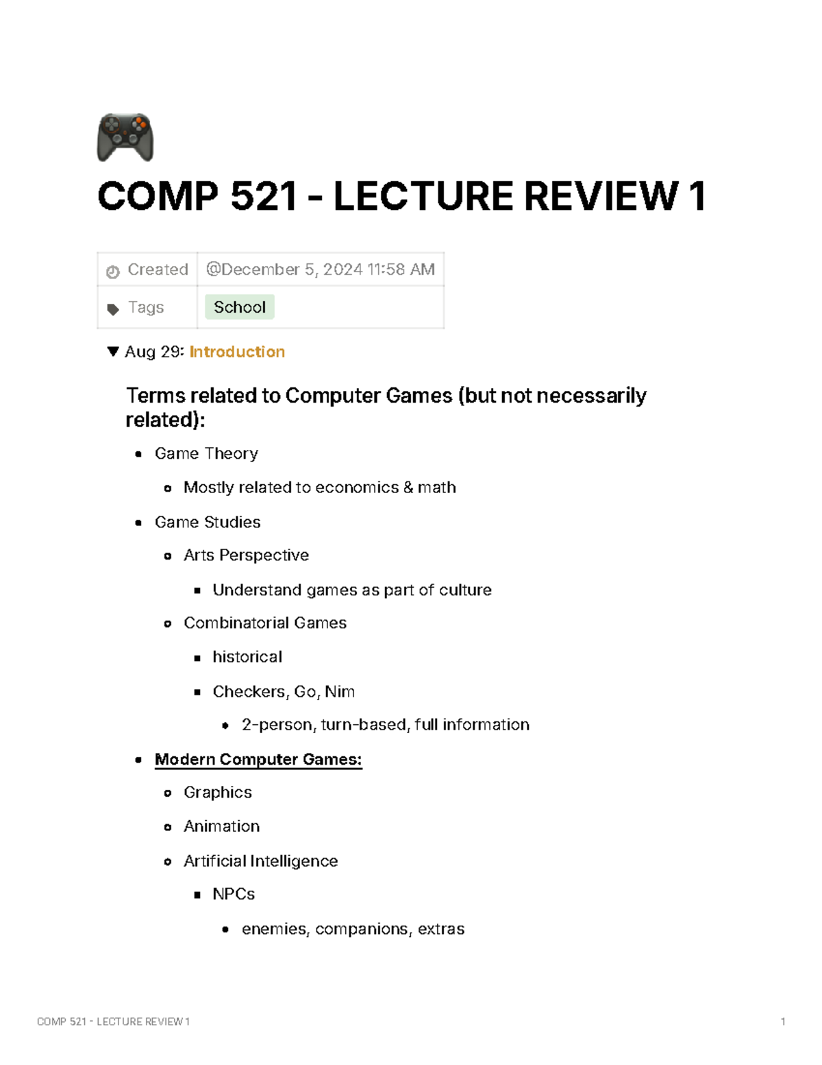 COMP 521 - Lecture Review - 🎮 COMP 521 - LECTURE REVIEW 1 Created Tags ...