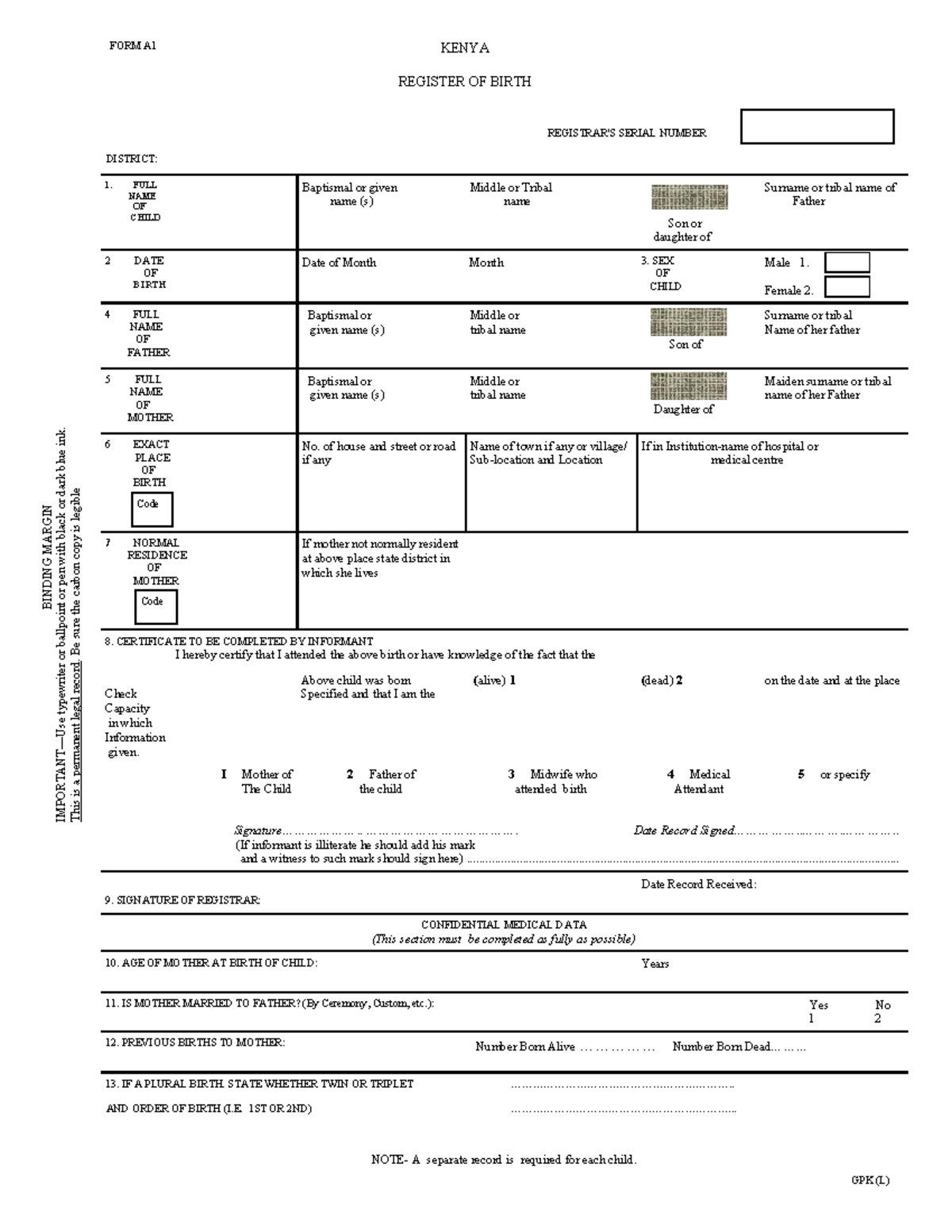 Birth Registration Form A1 - Kenya (GPK L) - Studocu