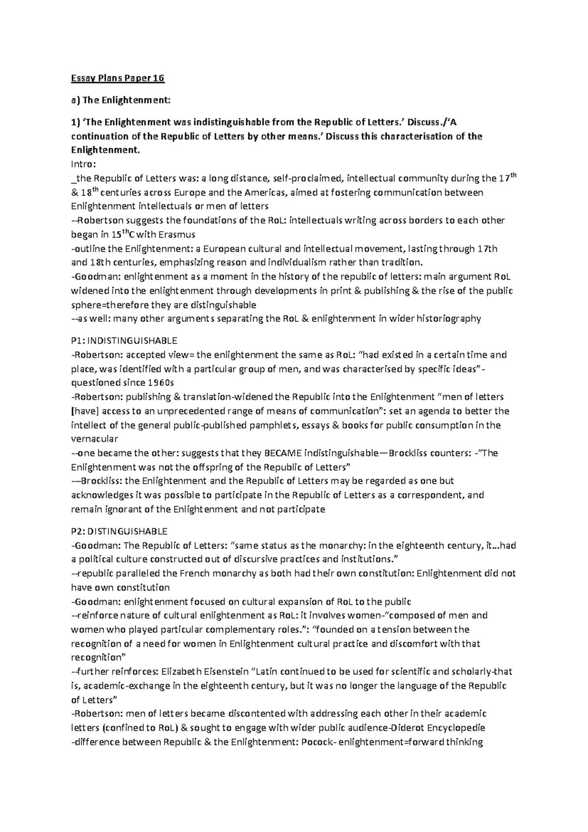 Essay Plans Paper 16: The Enlightenment and Its Cultural Impact - Studocu