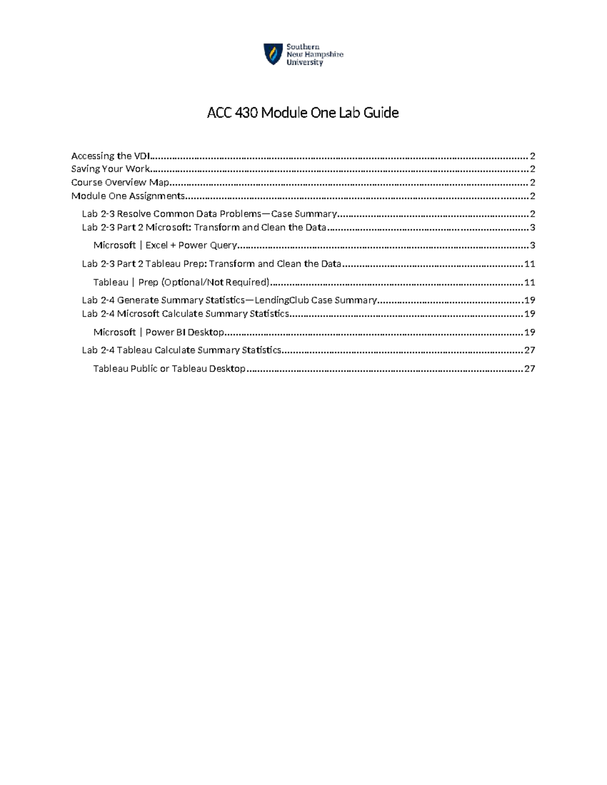 ACC 430 Module One Lab Guide: Data Transformation & Analysis Techniques ...