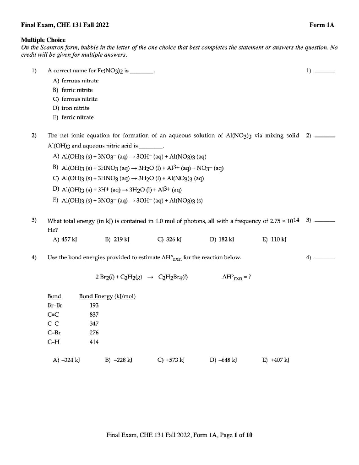 Final Exam, CHE 131 Fall 2022, Form 1A - General Chemistry IB - Studocu