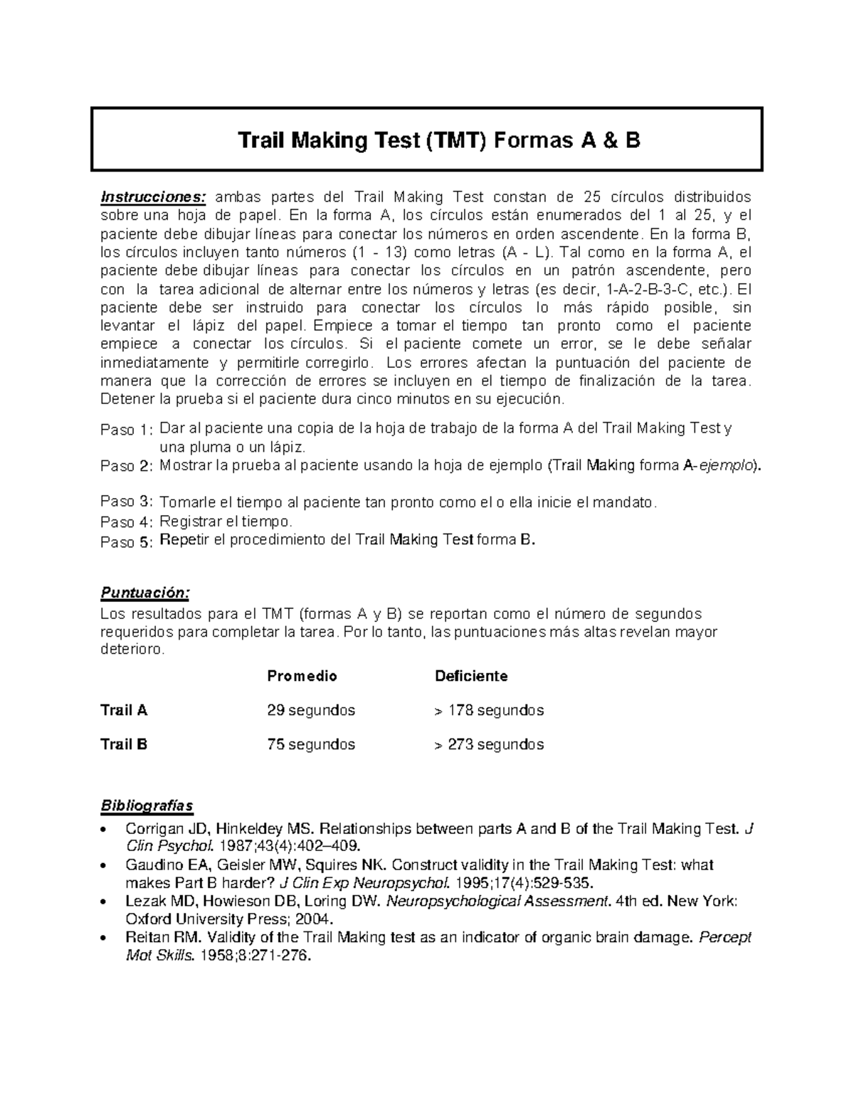 Trail Making Test (TMT) A y B: Instrucciones y Puntuación - Studocu