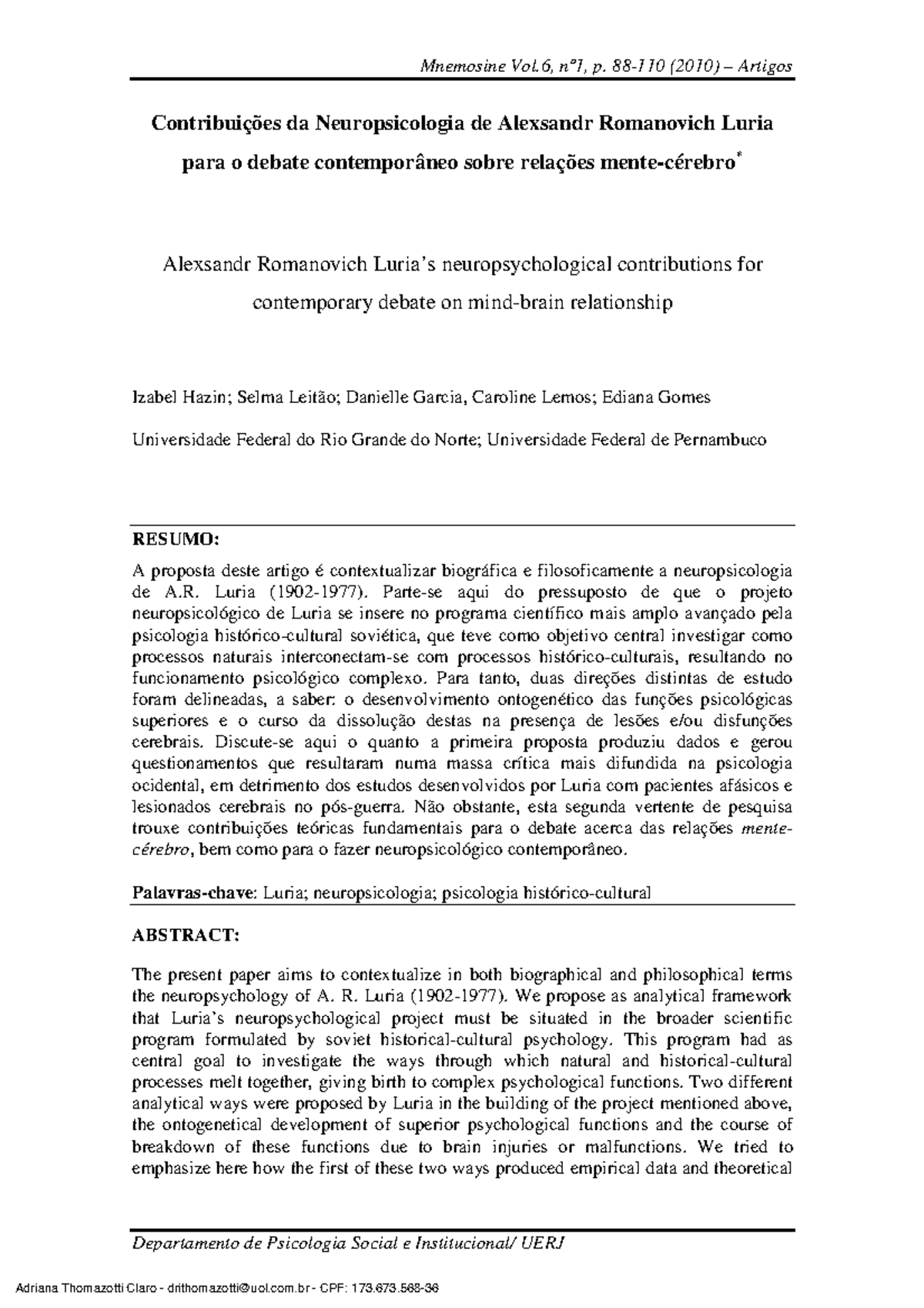 Contribuições da Neuropsicologia de Luria para Relações Mente-Cérebro ...