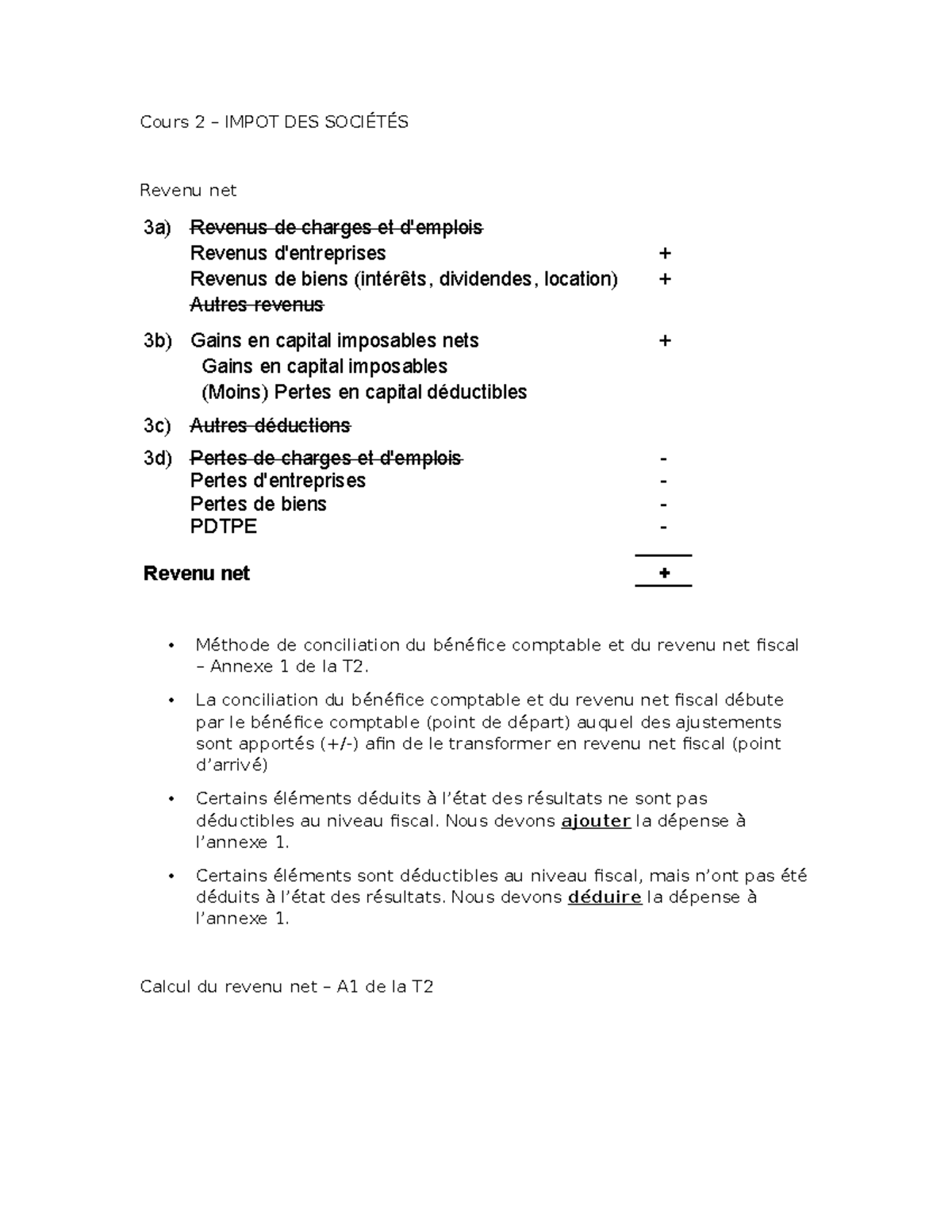 Cours 2-3-4 - Notes sur l'Impôt des Sociétés et Revenus Net - Studocu