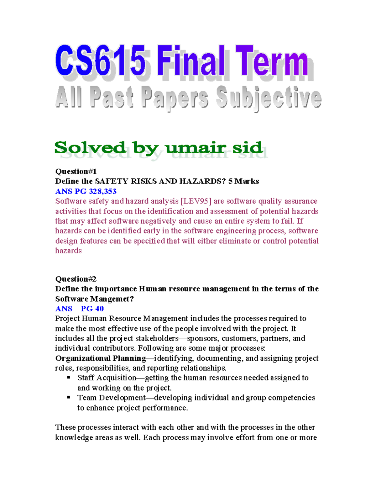 CS615 All Past Final Papers: Subjective Solutions & Discussions - Studocu