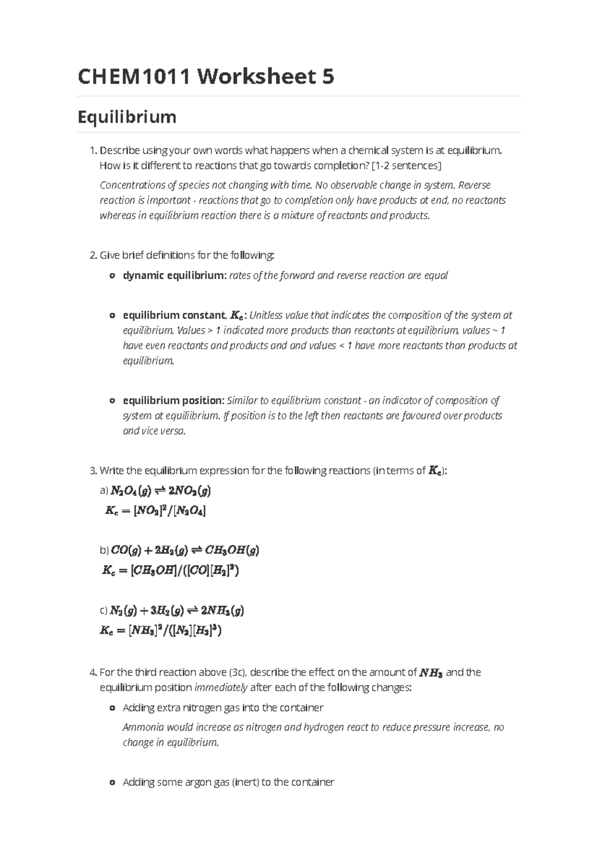 CHEM1011 Worksheet 5: Equilibrium Concepts and Definitions - Studocu