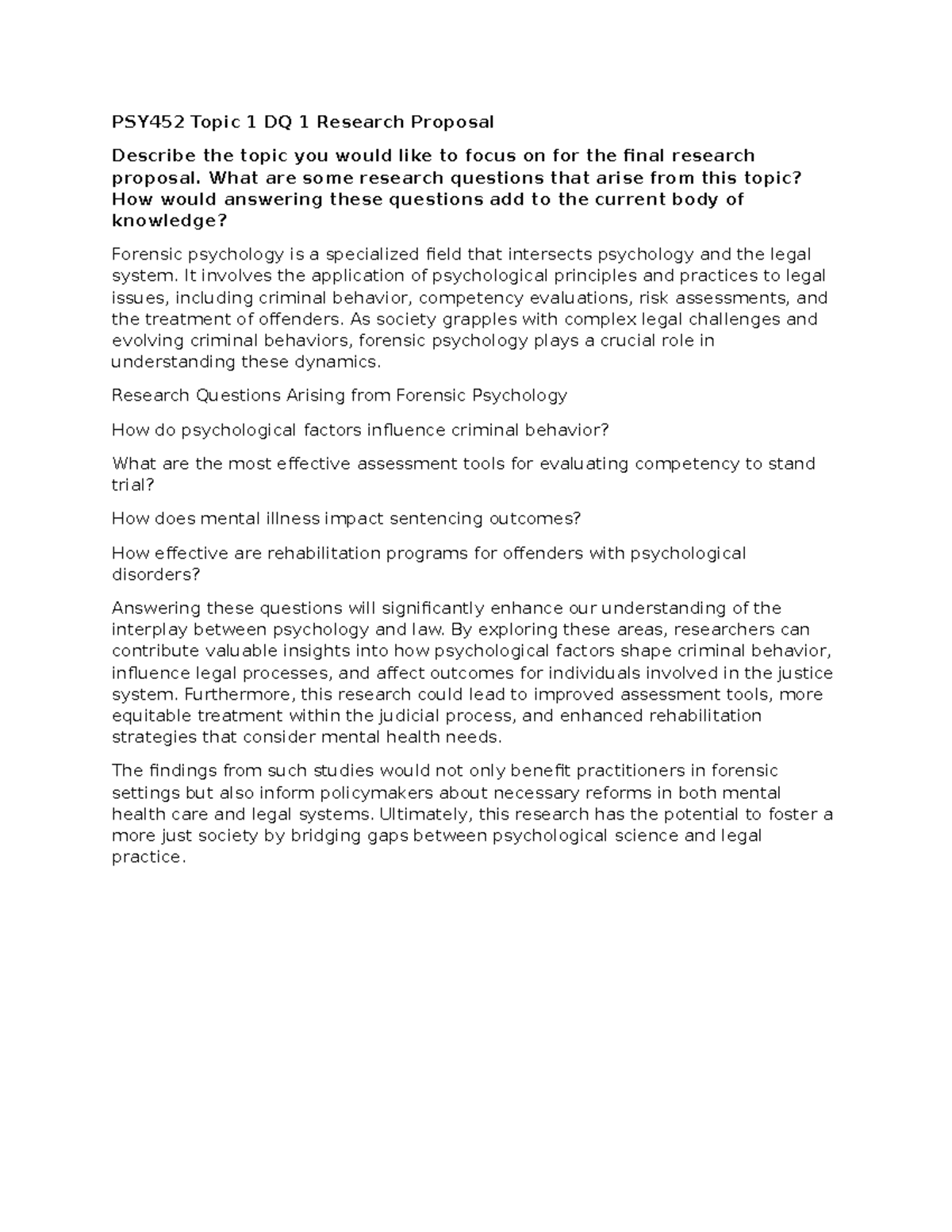 PSY452 Topic 1 DQ 1 Research Proposal - PSY452 Topic 1 DQ 1 Research ...