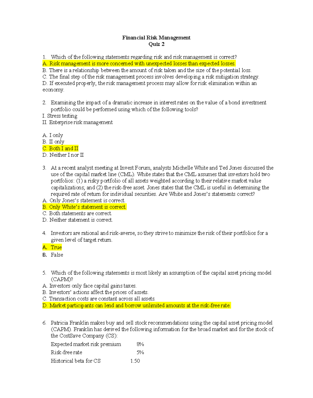 Financial Risk Management Quiz 2: Key Concepts and Analysis - Studocu