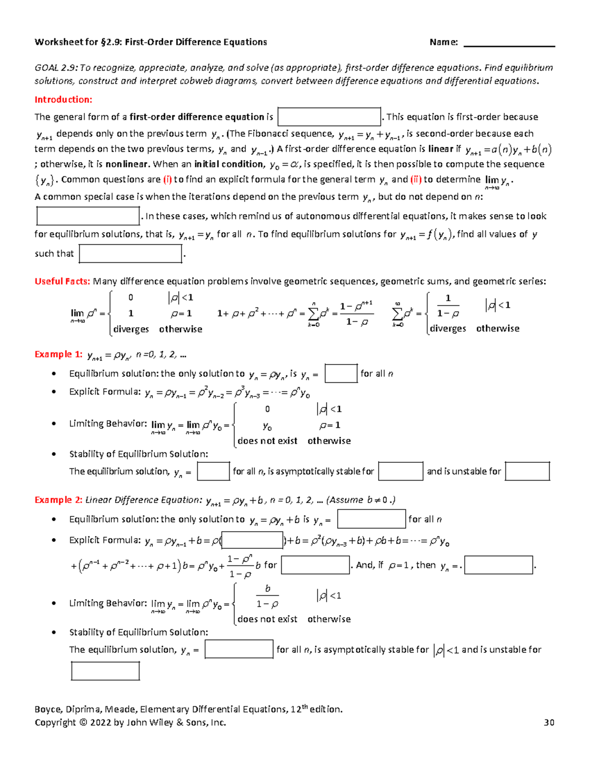 Worksheet on First-Order Difference Equations (Section 2.9) - Studocu