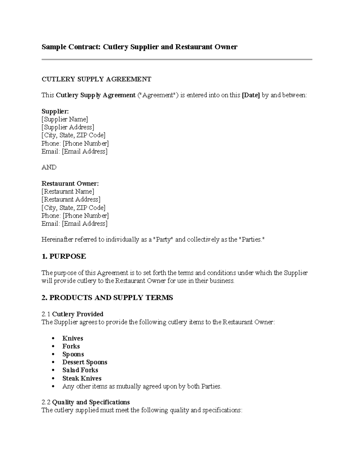 Activity 12 Sample Contract for Cutlery Supply Agreement - Studocu