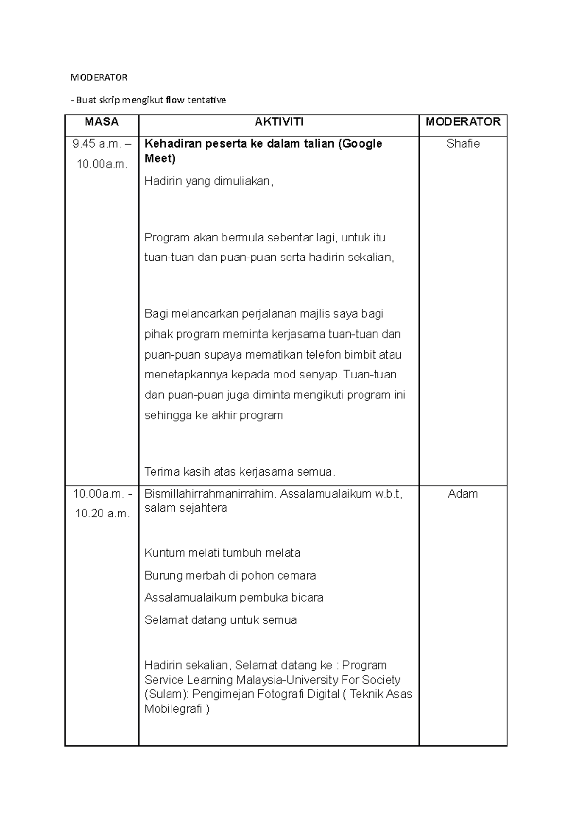 Skrip Moderator untuk Program SULAM: Fotografi Digital dan Kuiz - Studocu