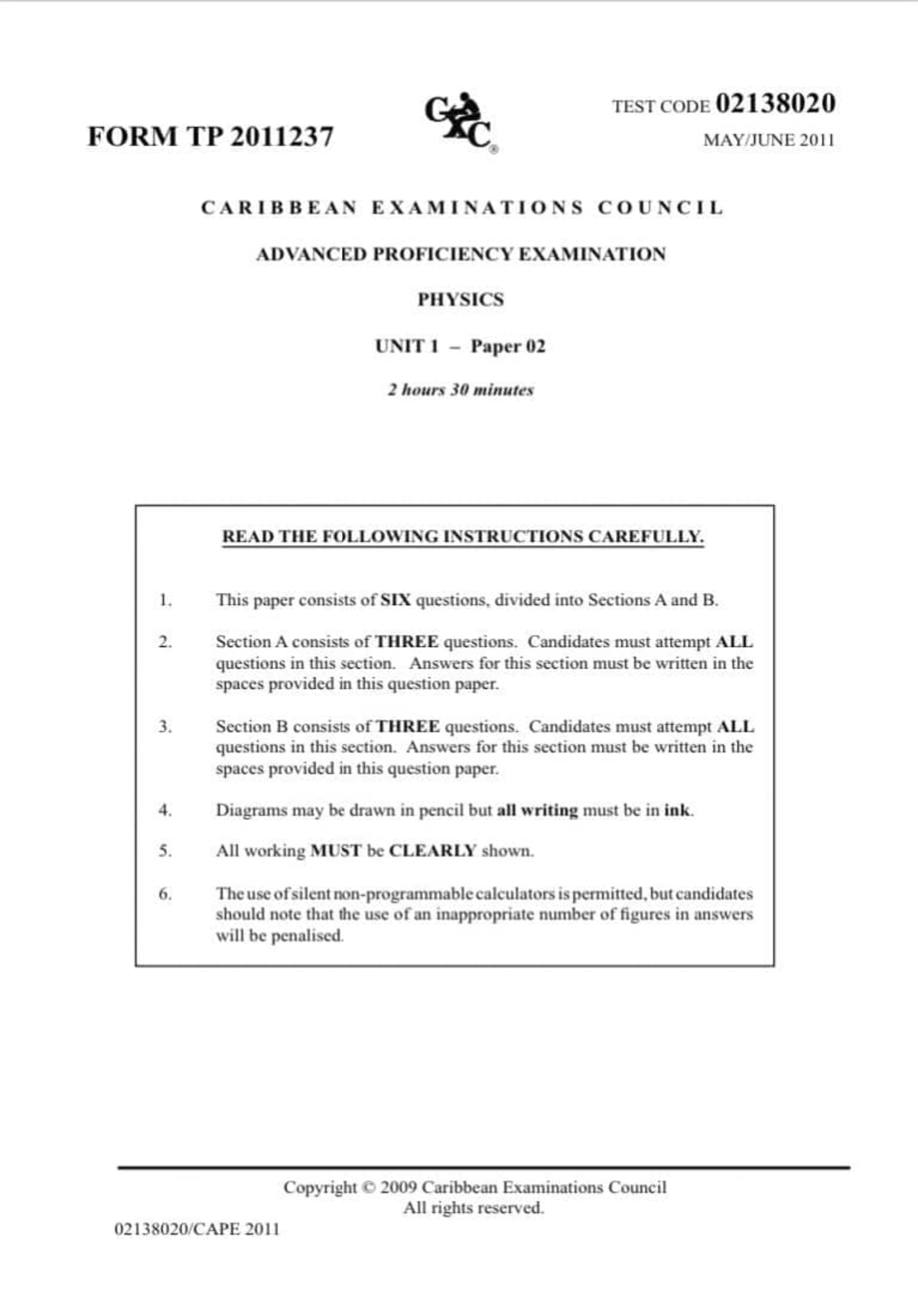 CAPE Physics Unit 1 Test Paper 2011 - Detailed Instructions and ...
