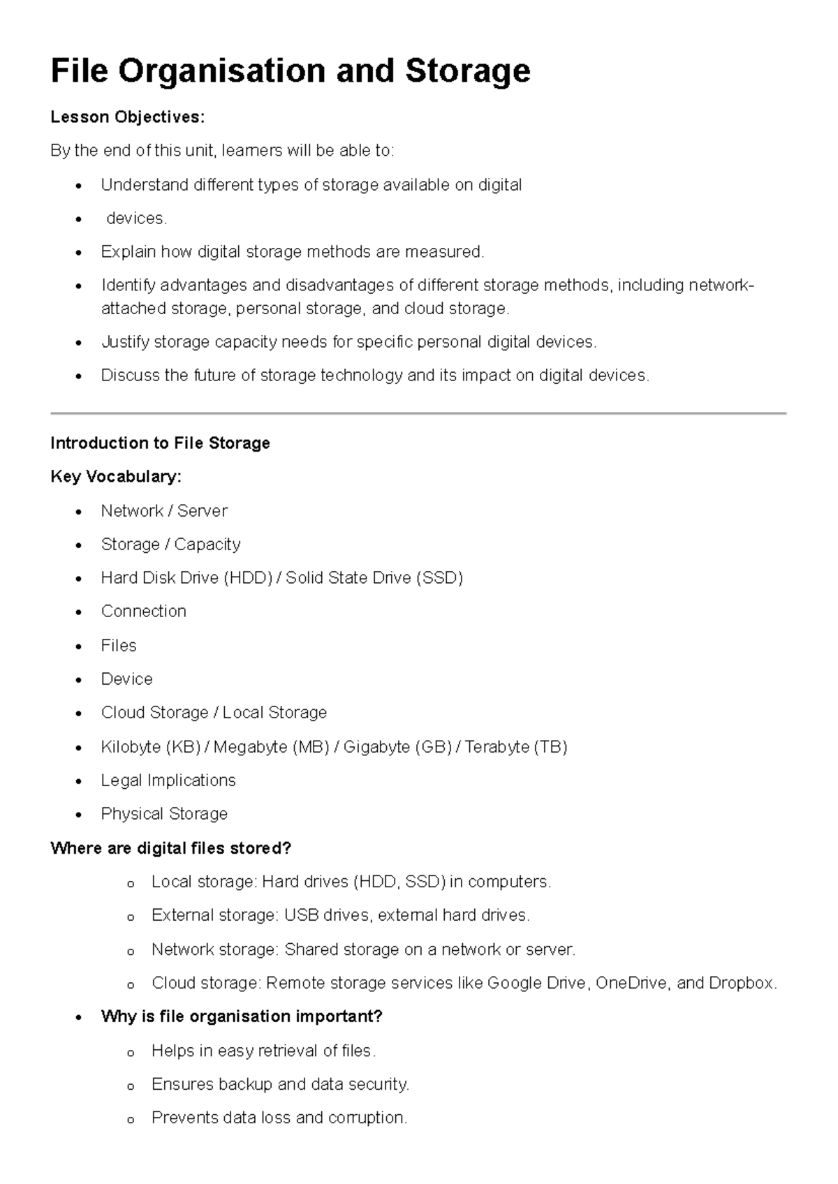 File Management Lesson: Understanding Digital Storage Methods and ...