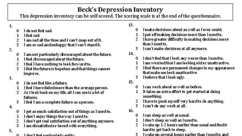BDI - Beck Depression Inventory Questionnaire and Scoring Guide - Studocu
