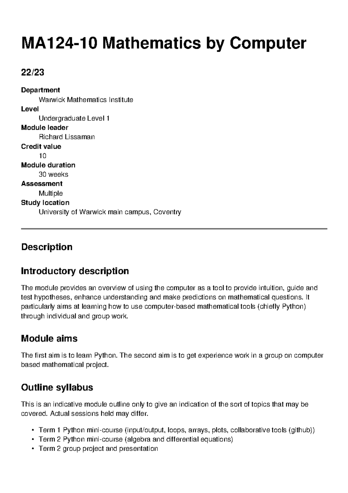 MA124-10-2022: Intro to Python for Mathematics - Warwick University ...