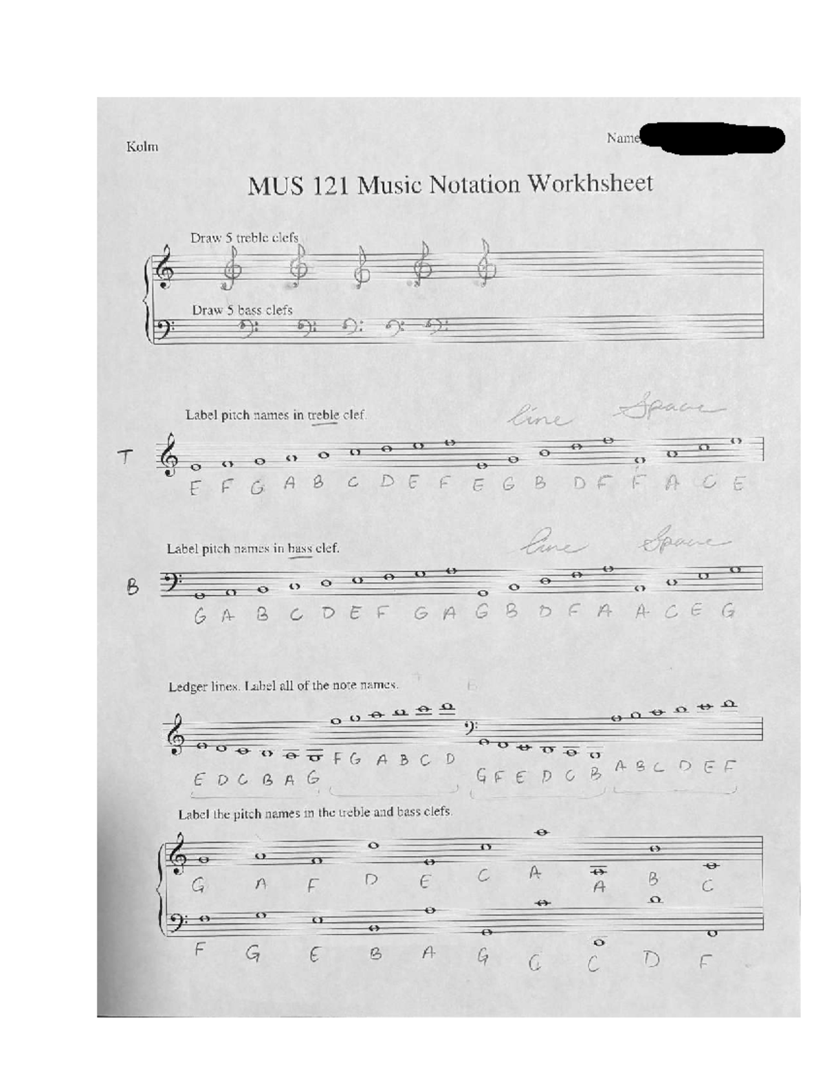 MUS 121 Music Notation Worksheet: Clefs, Notes, and Rhythms - Studocu